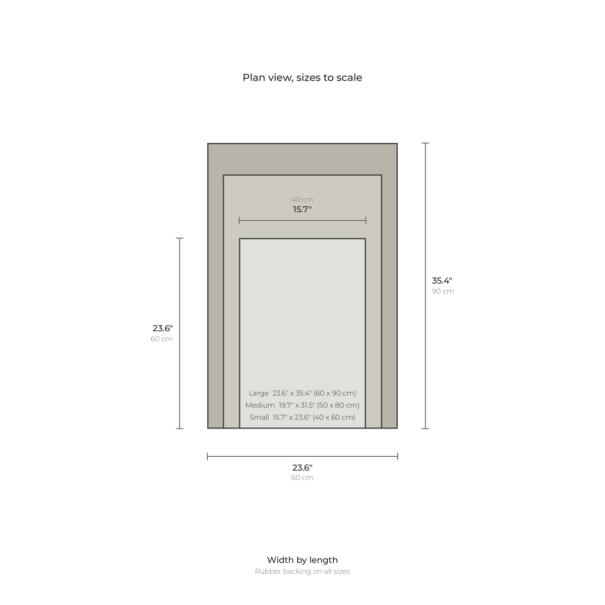Faux jute door mat sizes: 15.7 x 23.6 in, 19.7 x 31.5 in, 23.6 x 35.4 in