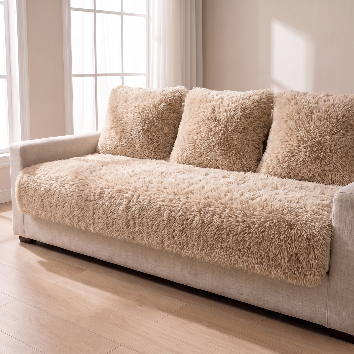 Beige faux lambswool sofa cover