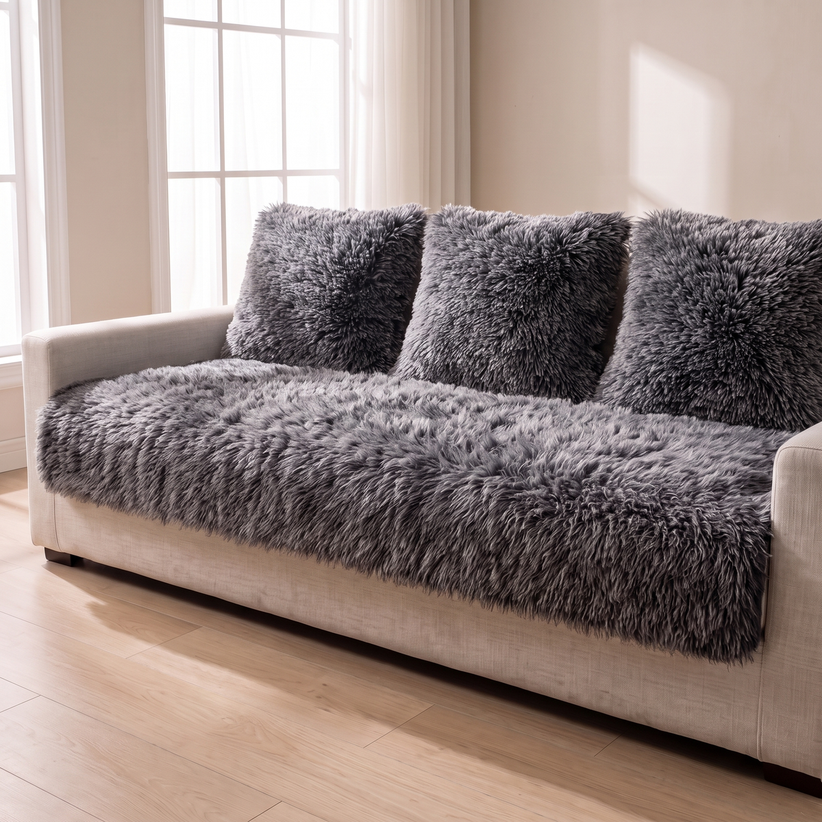 Gray faux lambswool sofa cover
