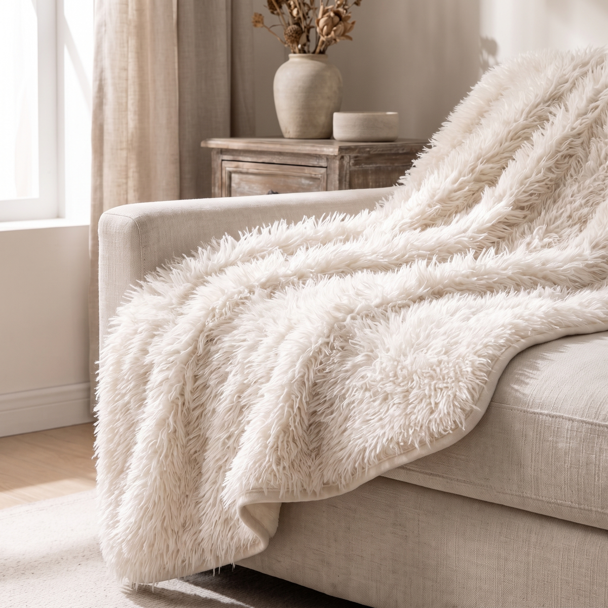 Close view of the long off white faux lambswool pile