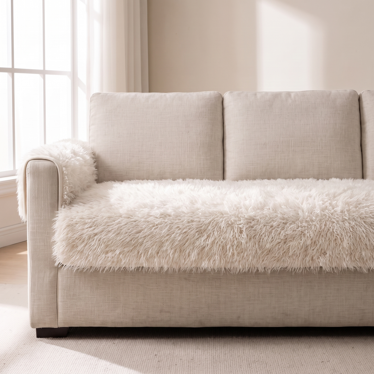 Off white faux lambswool cover stretched flat over a linen sofa seat