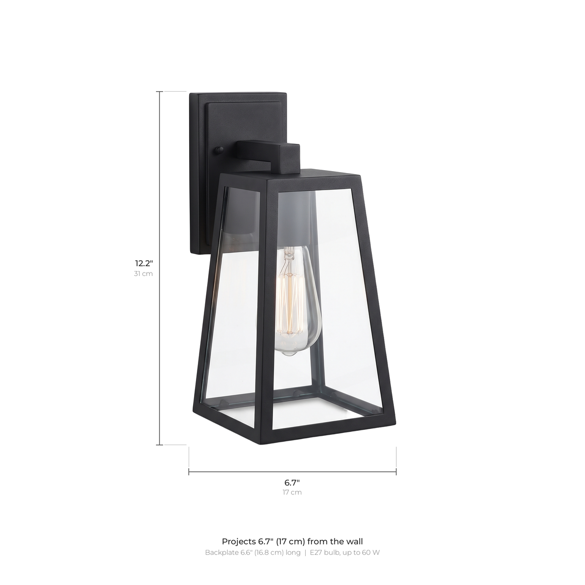 Fjell outdoor wall lantern dimensions: 12.2 in tall, 6.7 in wide, 6.7 in from the wall