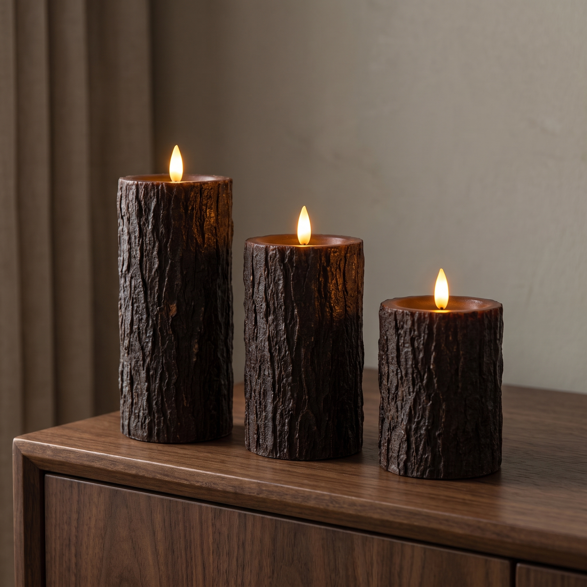 Flameless LED candles, Bark, Set of 3