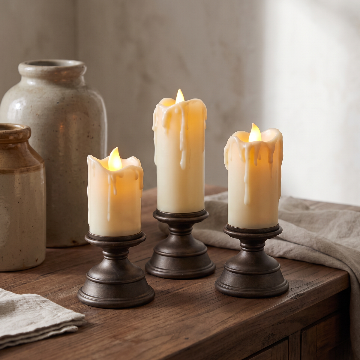 Flameless LED candles, Candlestick, Set of 3