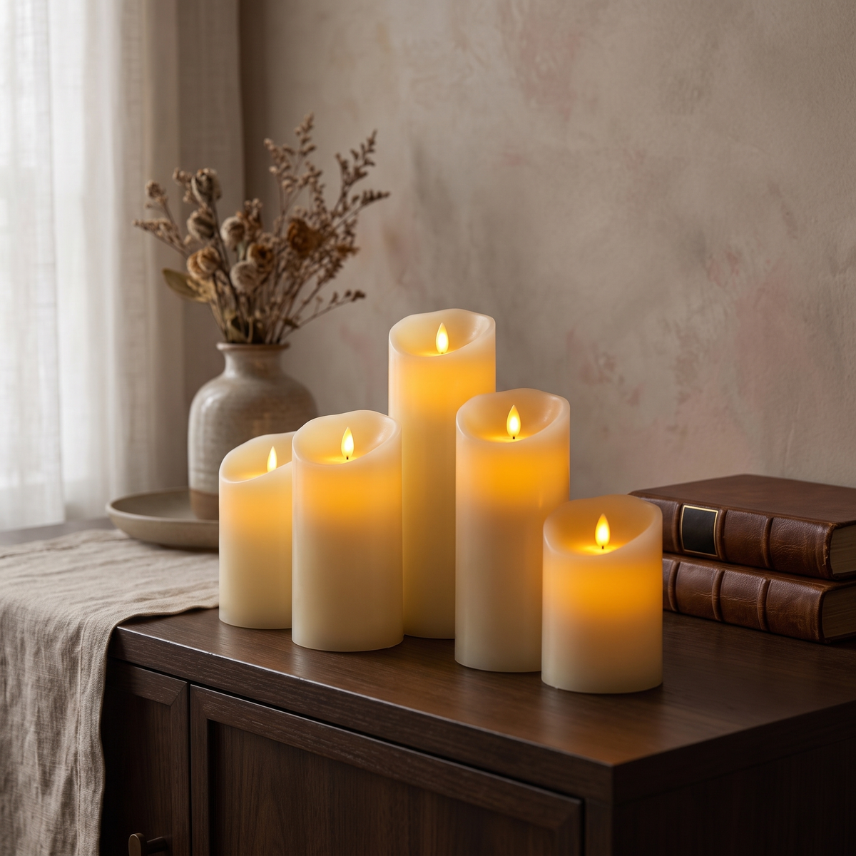 Flameless LED pillar candles glowing on a walnut sideboard