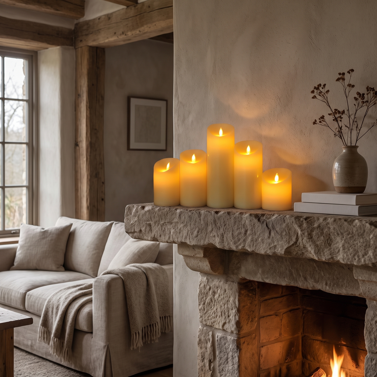 Flameless LED pillar candles on a stone mantel