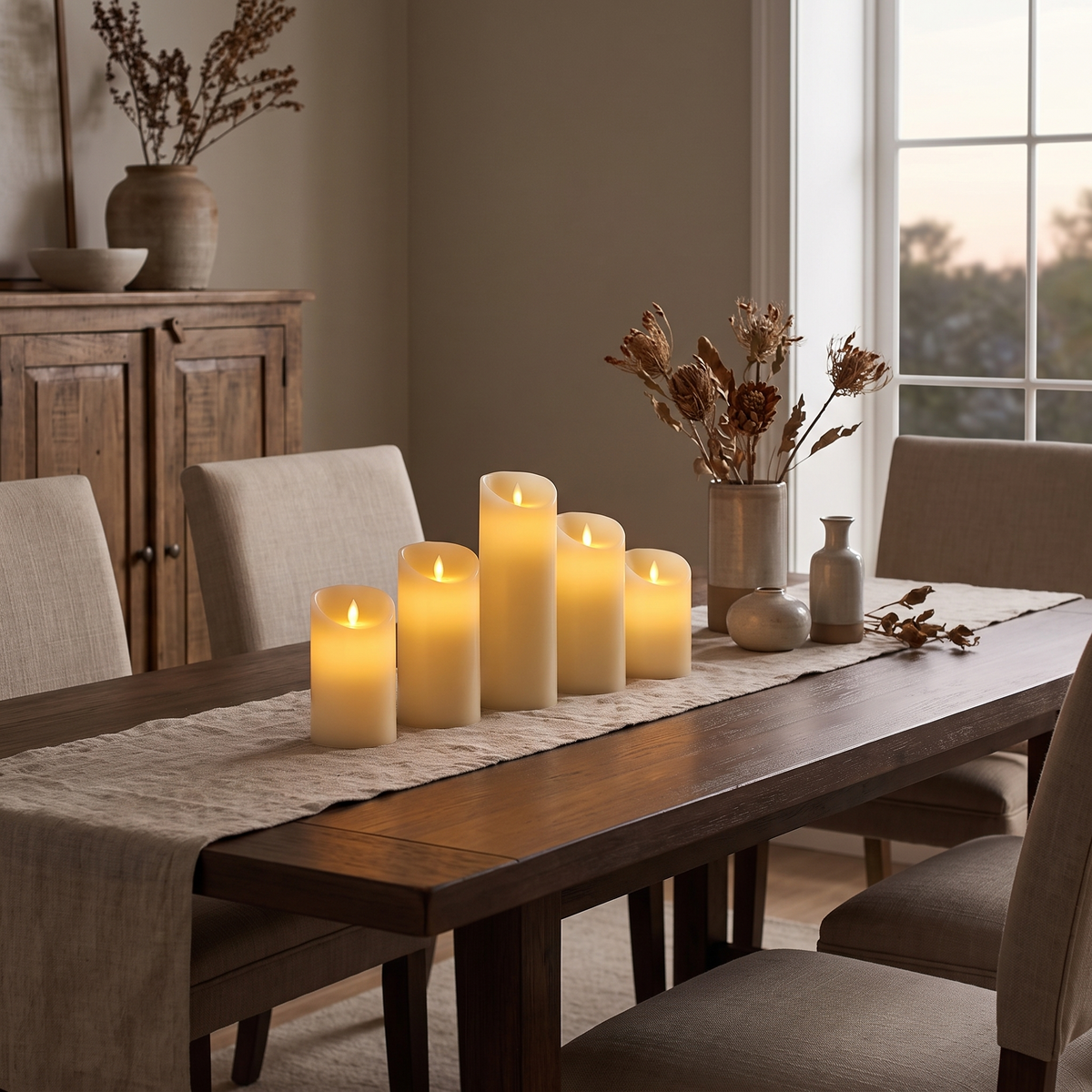 Flameless LED pillar candles on a dining table at dusk