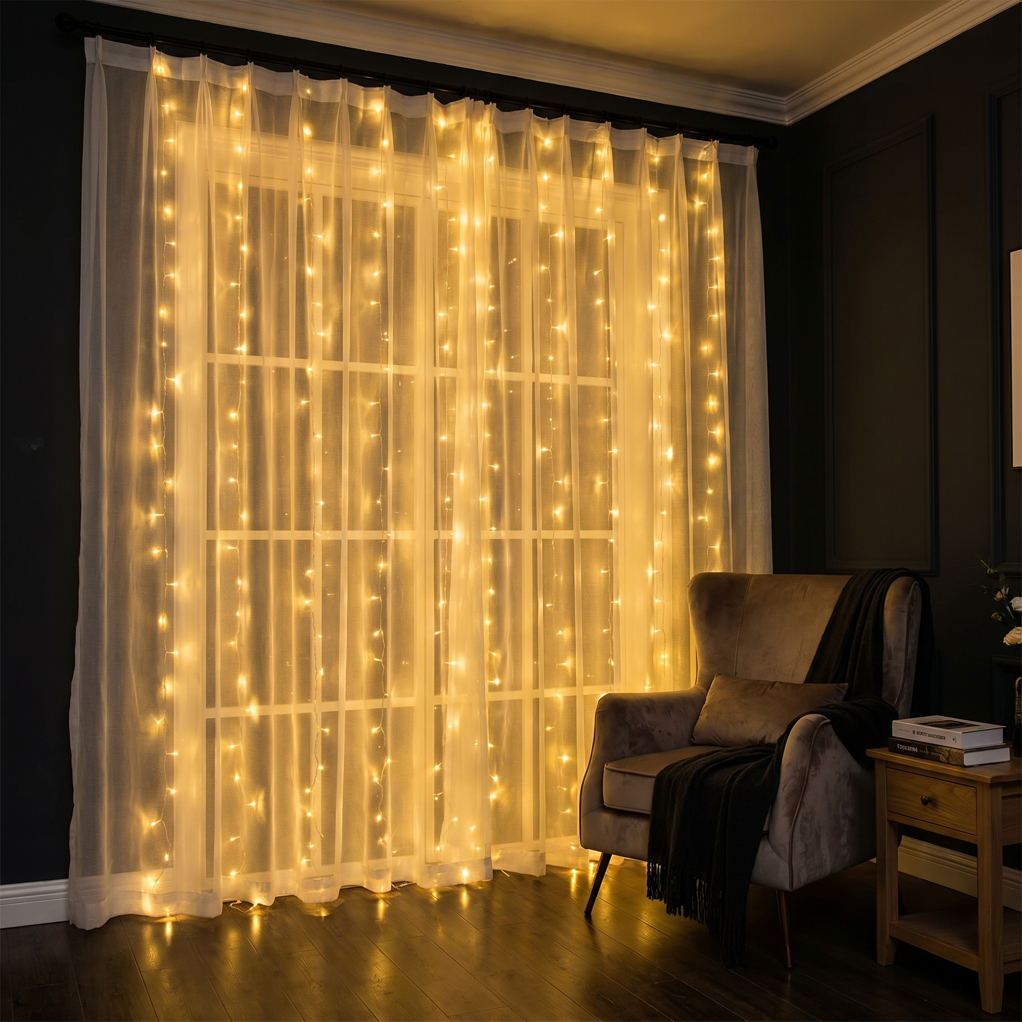 Fairy Light Curtain, 8 Modes, IP65, Warm White LED, USB, 3m Wide