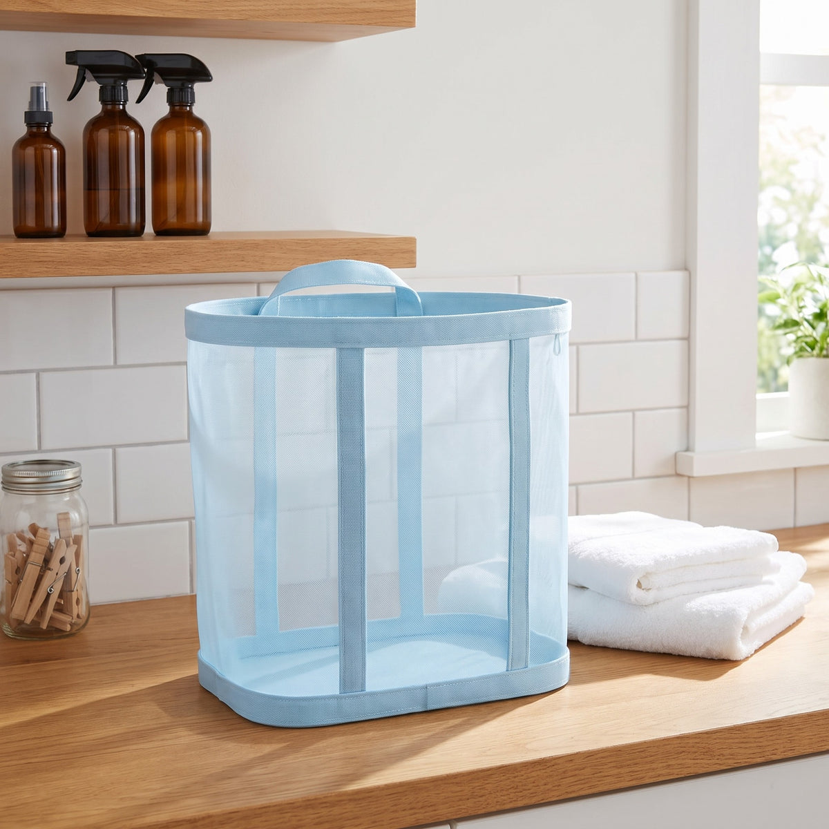 Blue mesh laundry basket on a laundry room counter