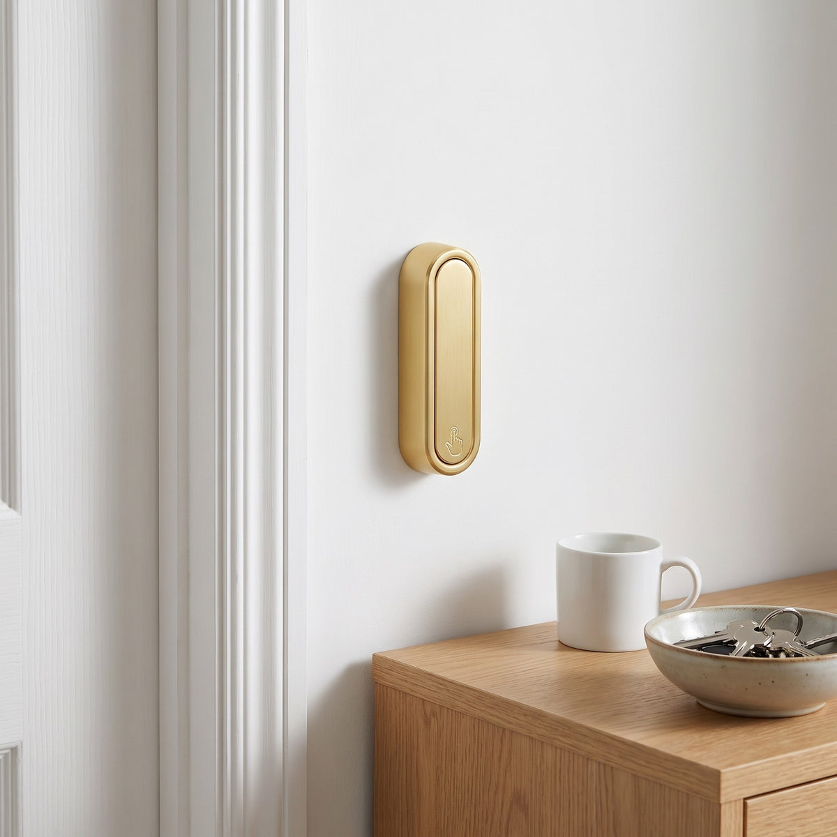 Gold folding wall hook folded flat beside a door frame above a bowl of keys