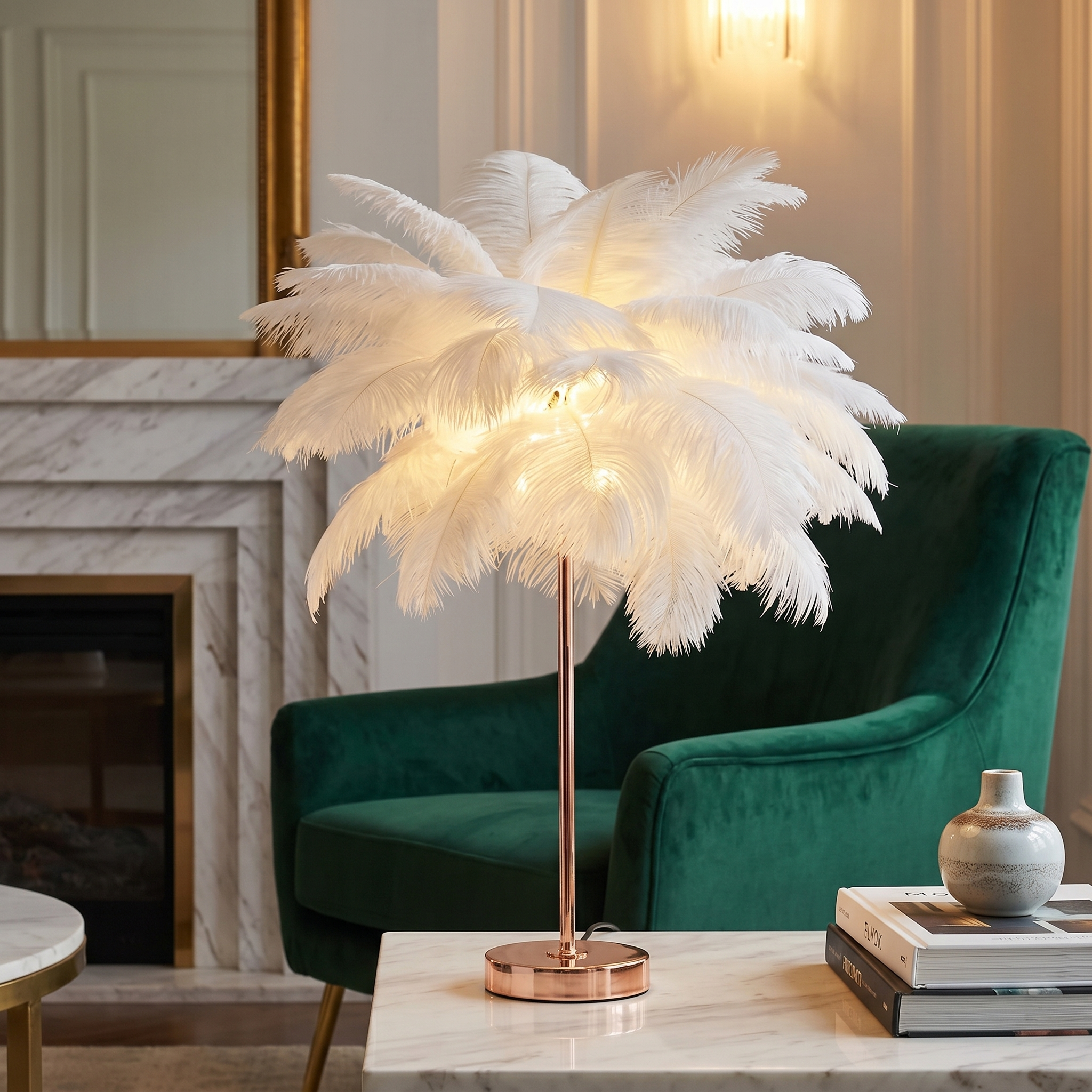 Feather Palm Lamp, Ostrich Feather and Metal, Remote Control, USB or Battery