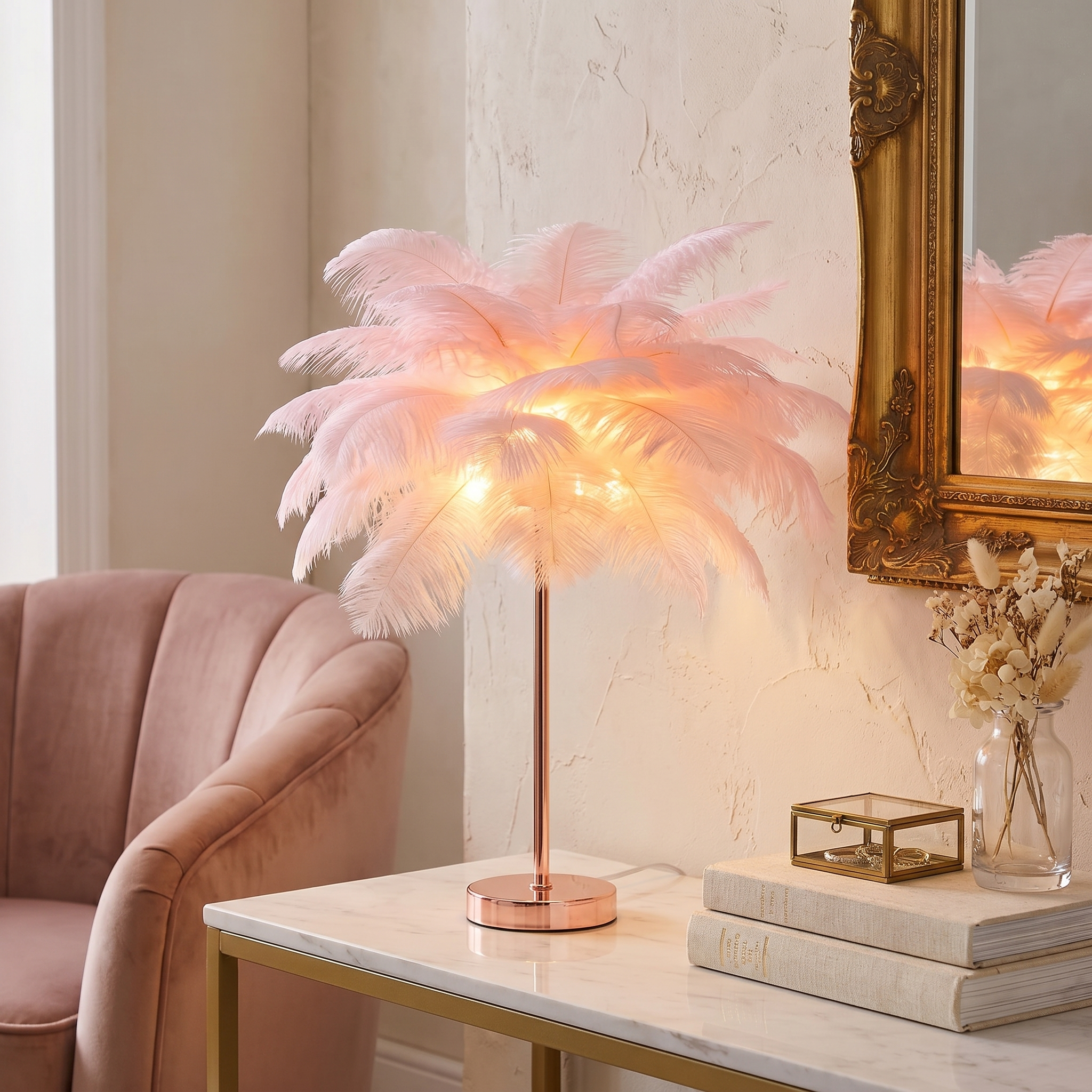Feather Palm Lamp, Ostrich Feather and Metal, Remote Control, USB or Battery