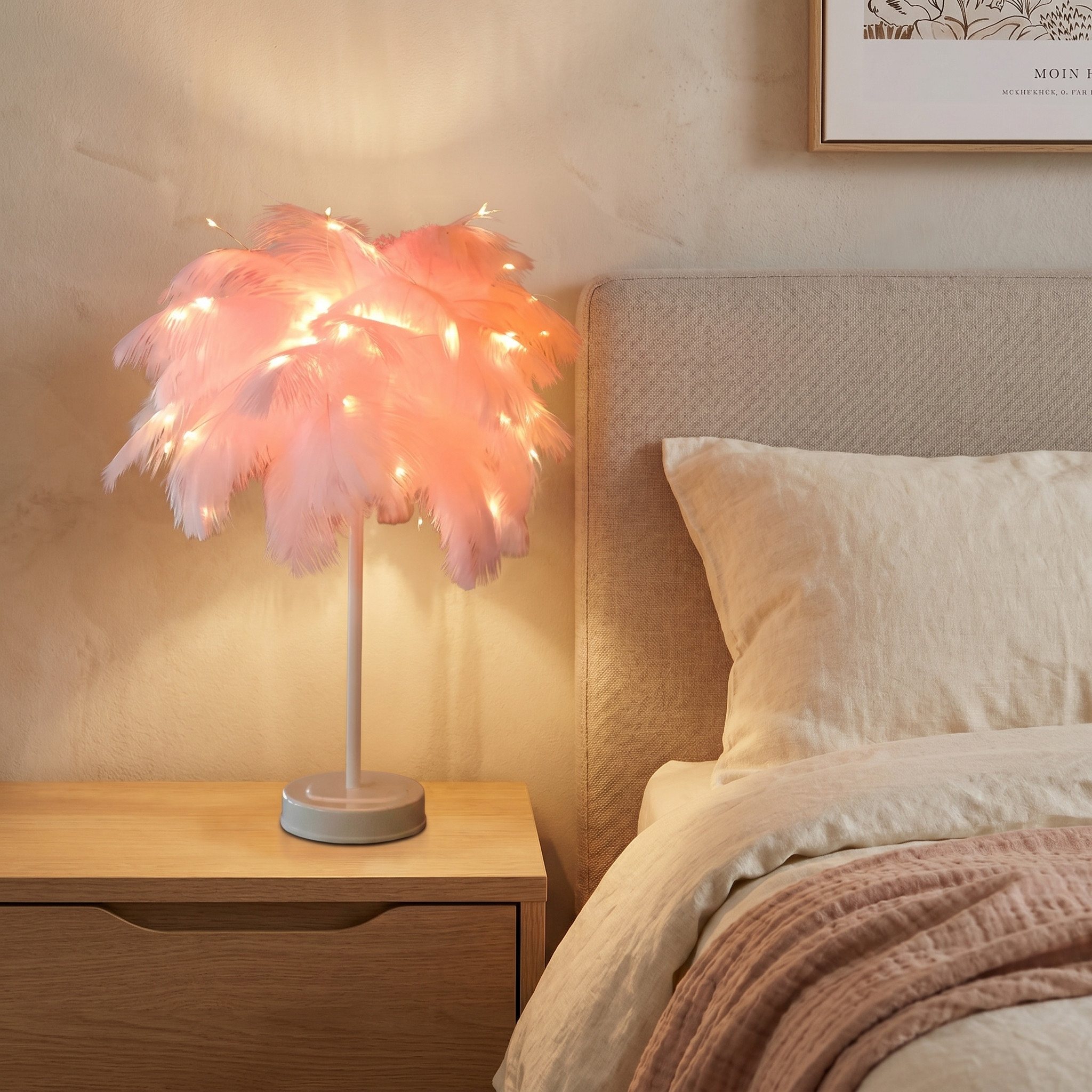 Feather Palm Lamp, Ostrich Feather and Metal, Remote Control, USB or Battery