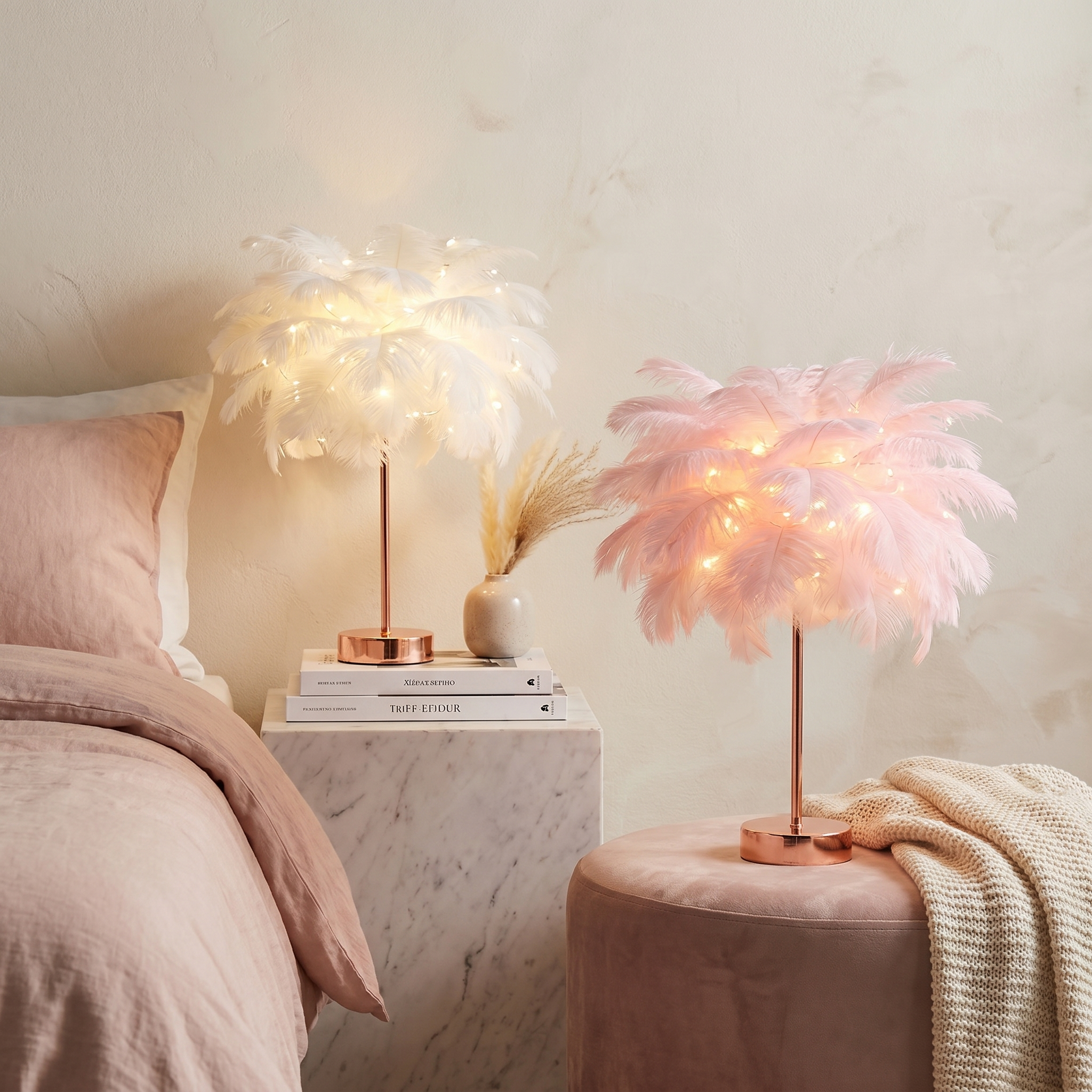 Feather Palm Lamp, Ostrich Feather and Metal, Remote Control, USB or Battery