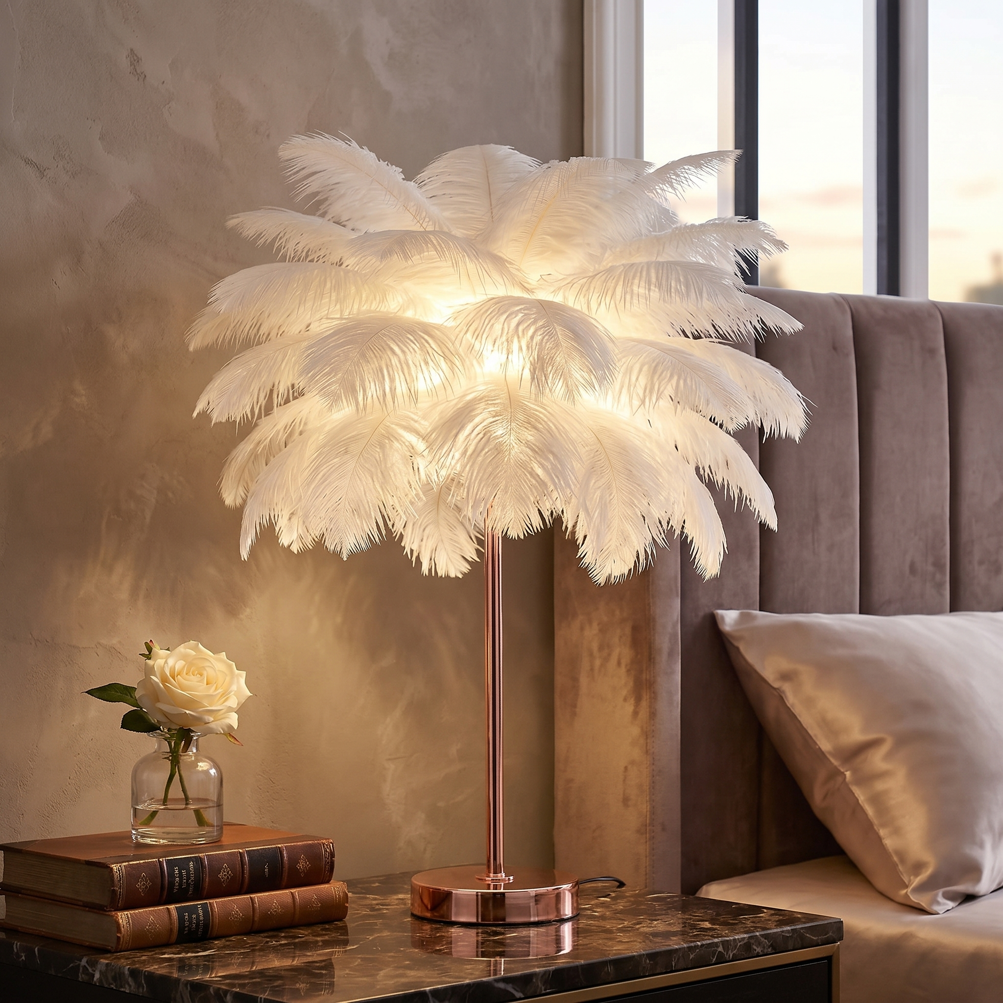 Feather Palm Lamp, Ostrich Feather and Metal, Remote Control, USB or Battery