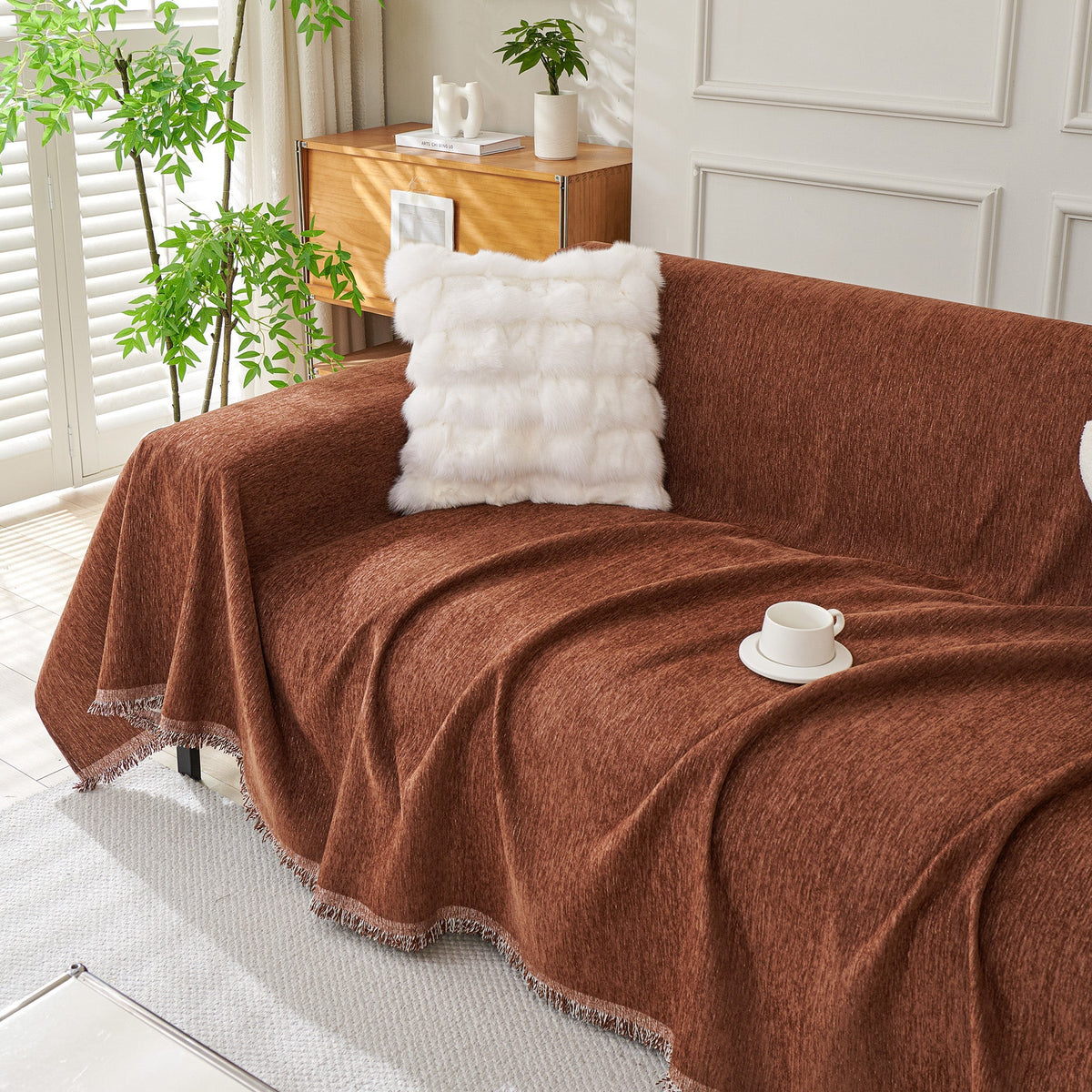 Brown woven cover with a white pillow