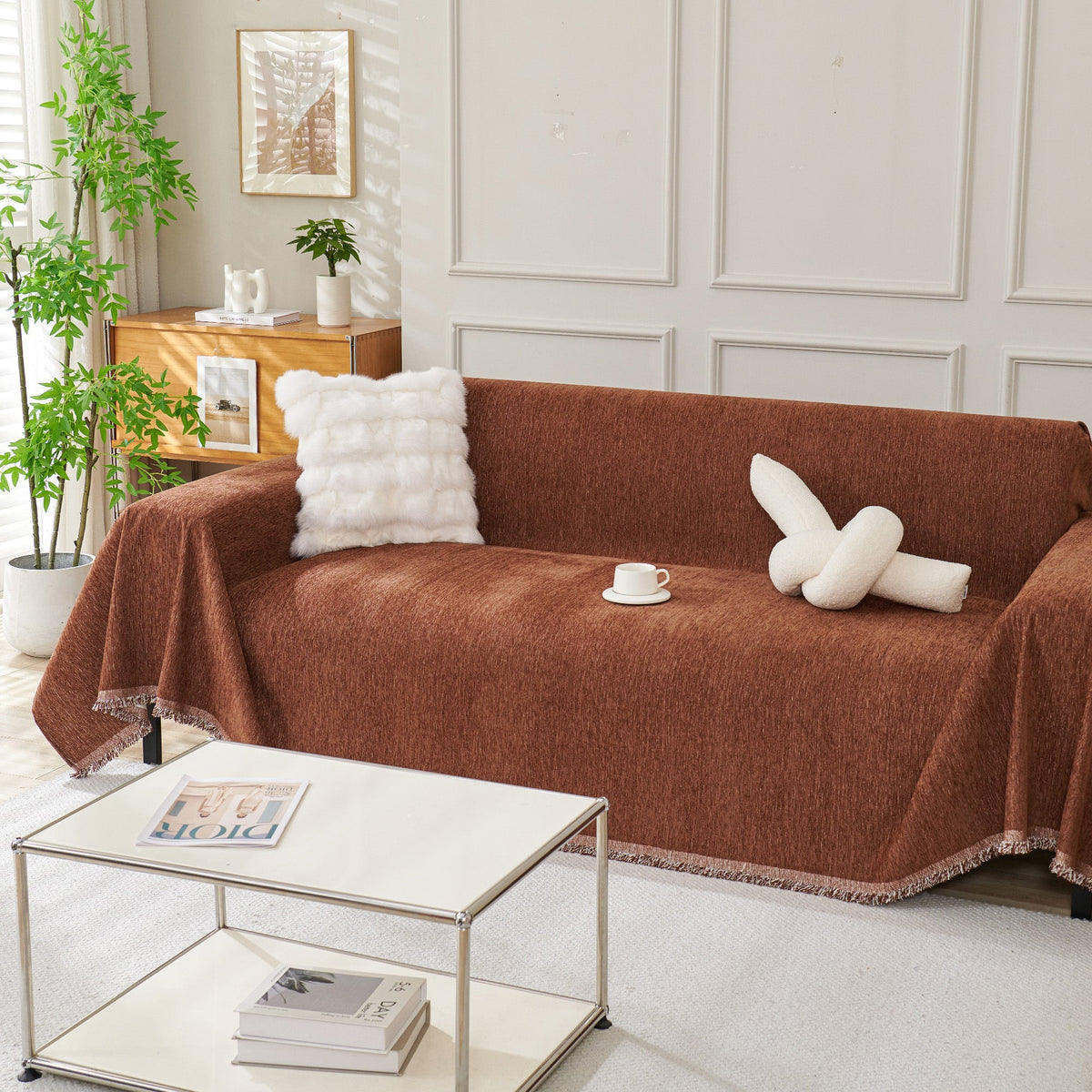 Brown woven sofa cover over a sofa