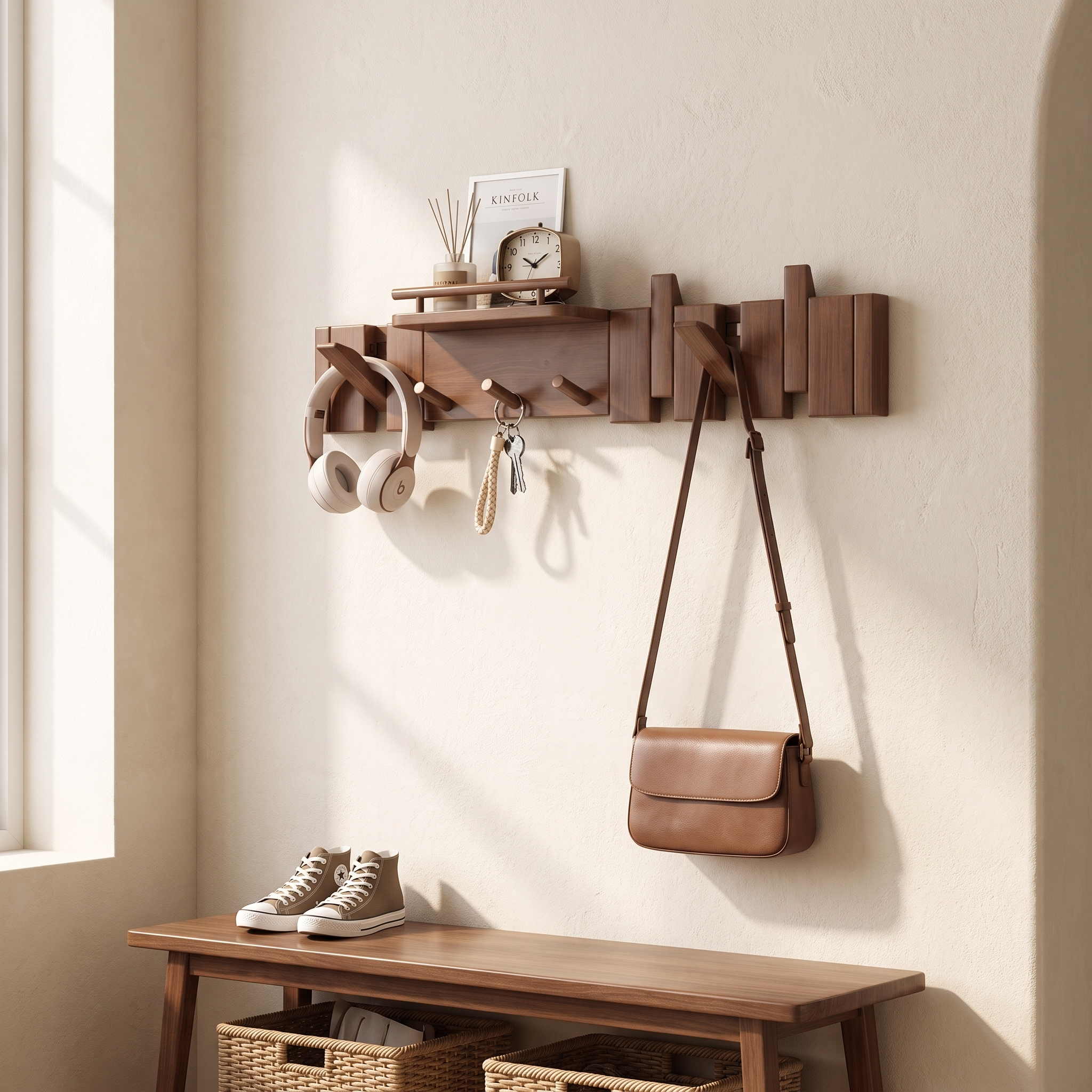 Foldable Wall Coat Hook Rack, Solid Rubberwood, 7, 9 or 11 Hooks