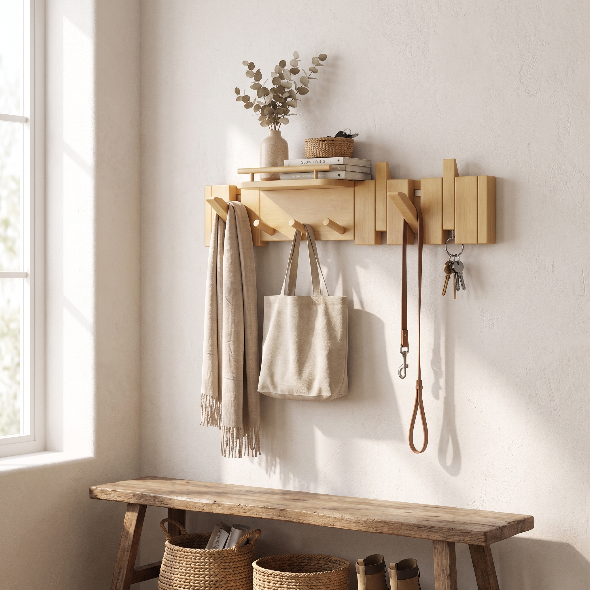 Foldable Wall Coat Hook Rack, Solid Rubberwood, 7, 9 or 11 Hooks