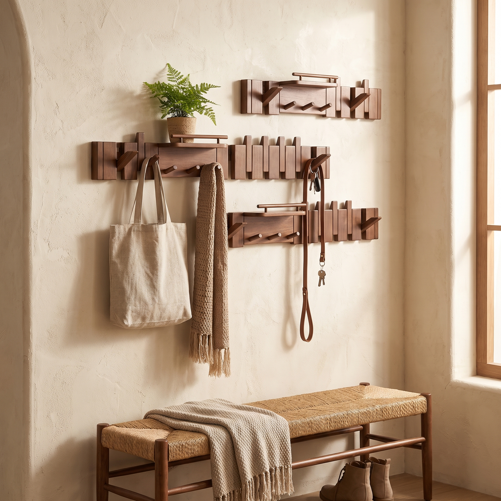 Foldable Wall Coat Hook Rack, Solid Rubberwood, 7, 9 or 11 Hooks