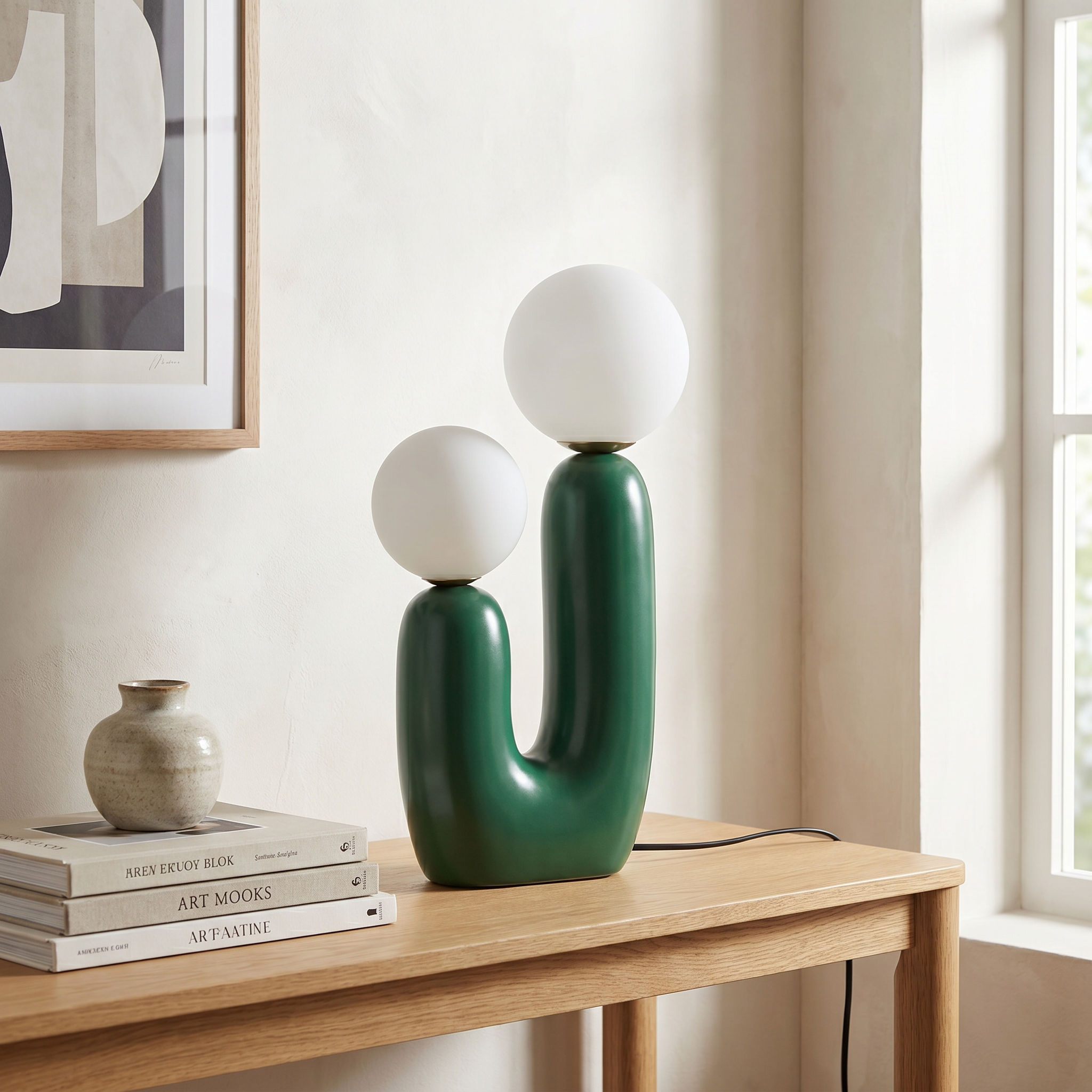 Glass and Resin Table Lamp, Two Spherical Shades, 10W LED, Three Colors
