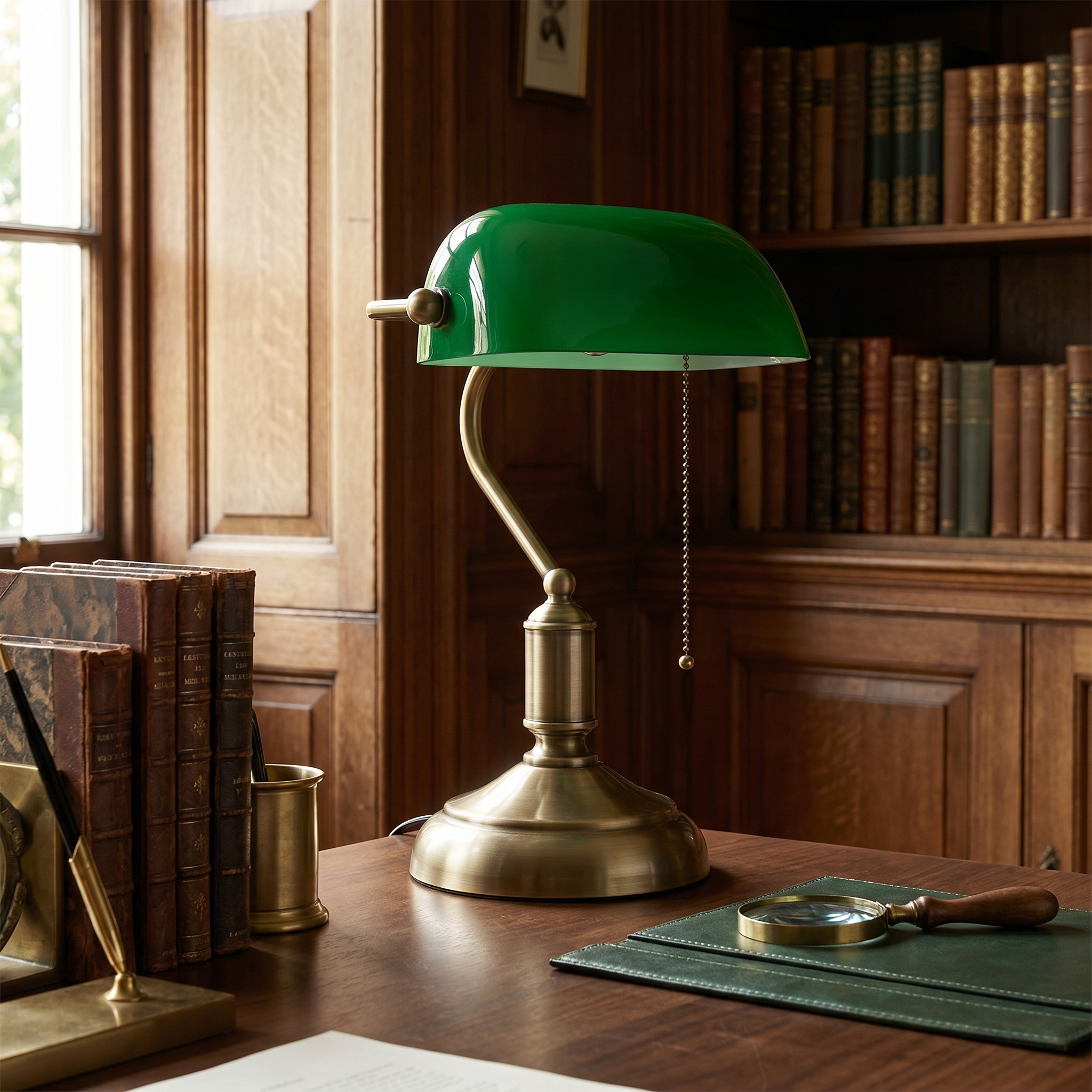 Green Banker's Desk Lamp, ABS and Iron, E26, 270° Rotatable Shade