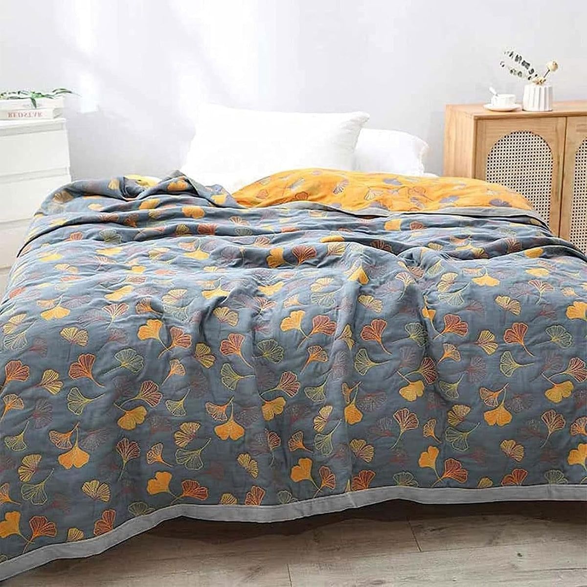 Ginkgo Leaf Reversible Throw Blanket, Cotton