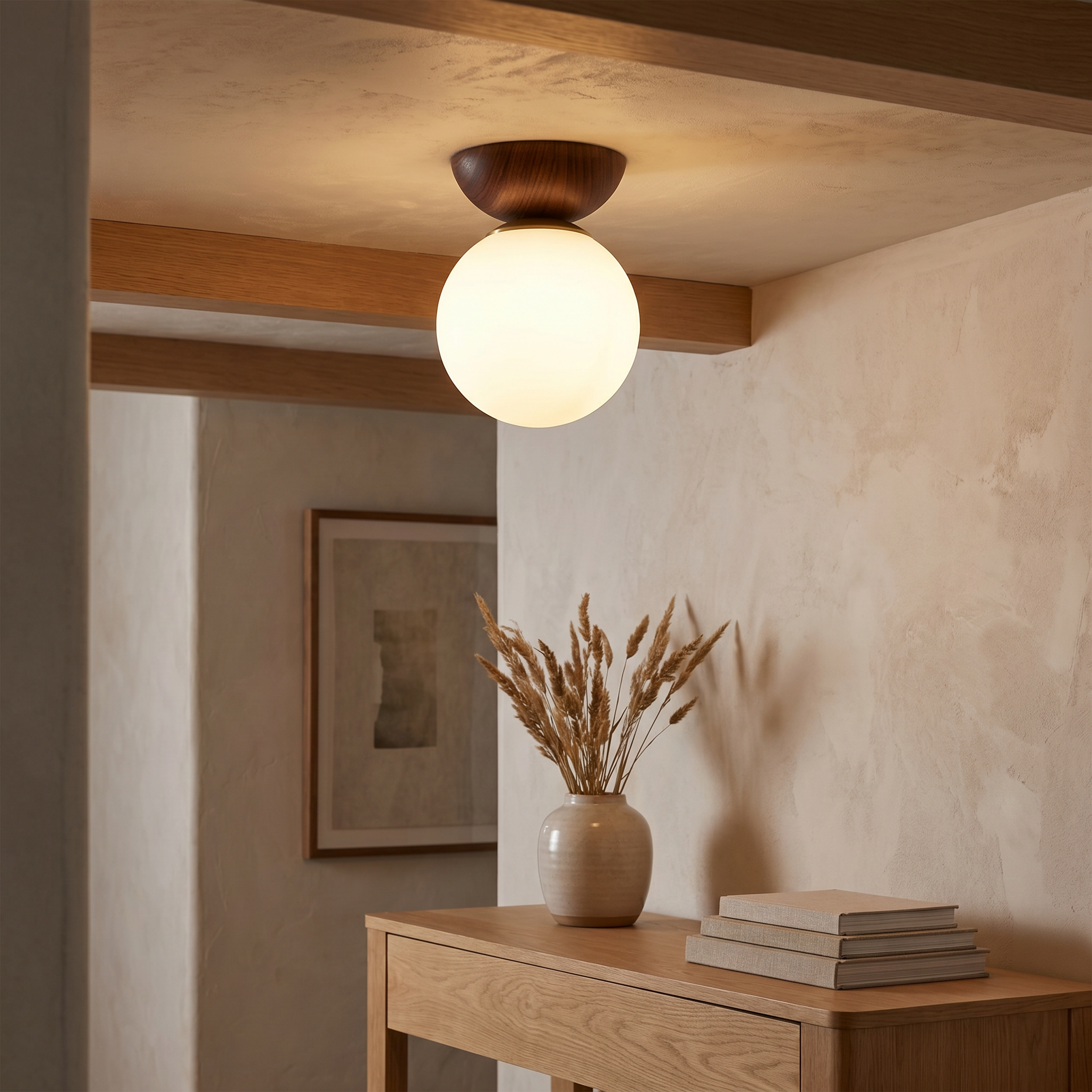 Glass Orb Ceiling Light, Iron, G9, Semi-Flush or Pendant, Wood or Walnut