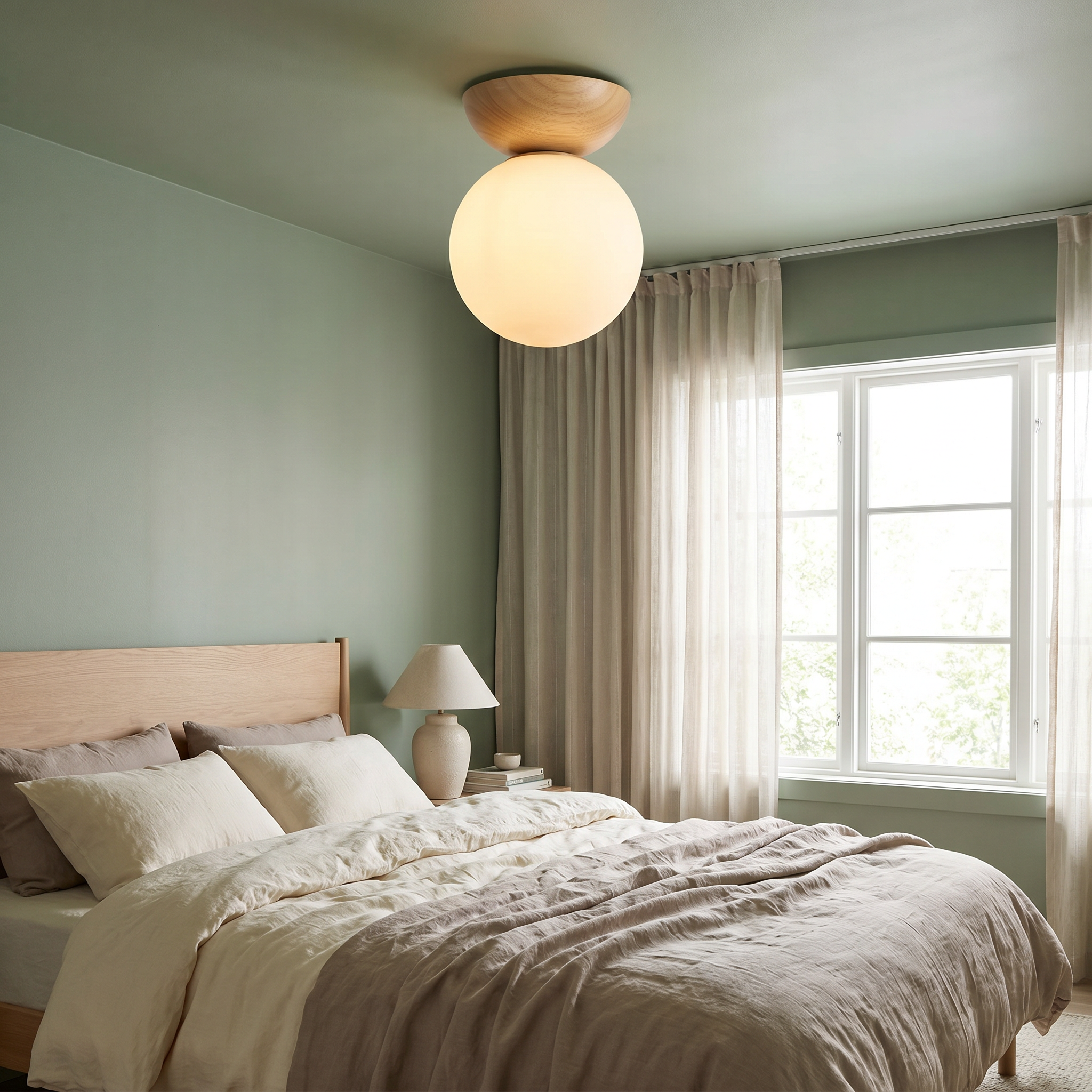Glass Orb Ceiling Light, Iron, G9, Semi-Flush or Pendant, Wood or Walnut