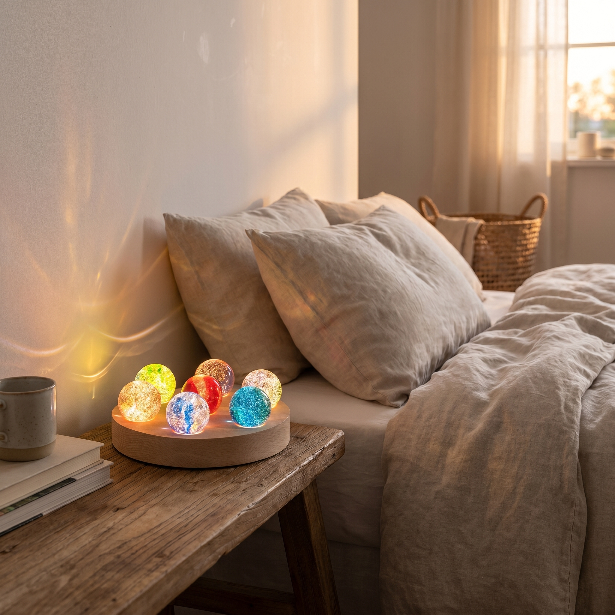 Galaxy Orb Lamp Set, 7 Crystal Orbs, Wood and Glass, USB