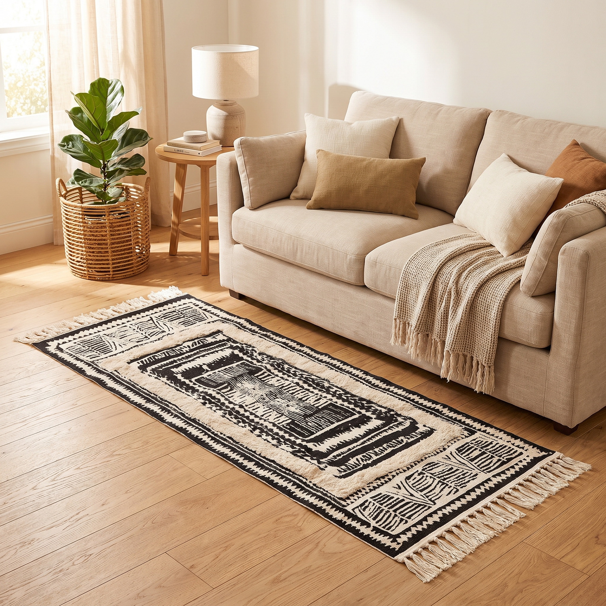 Geometric Tassel Floor Mat, Black and White Boho