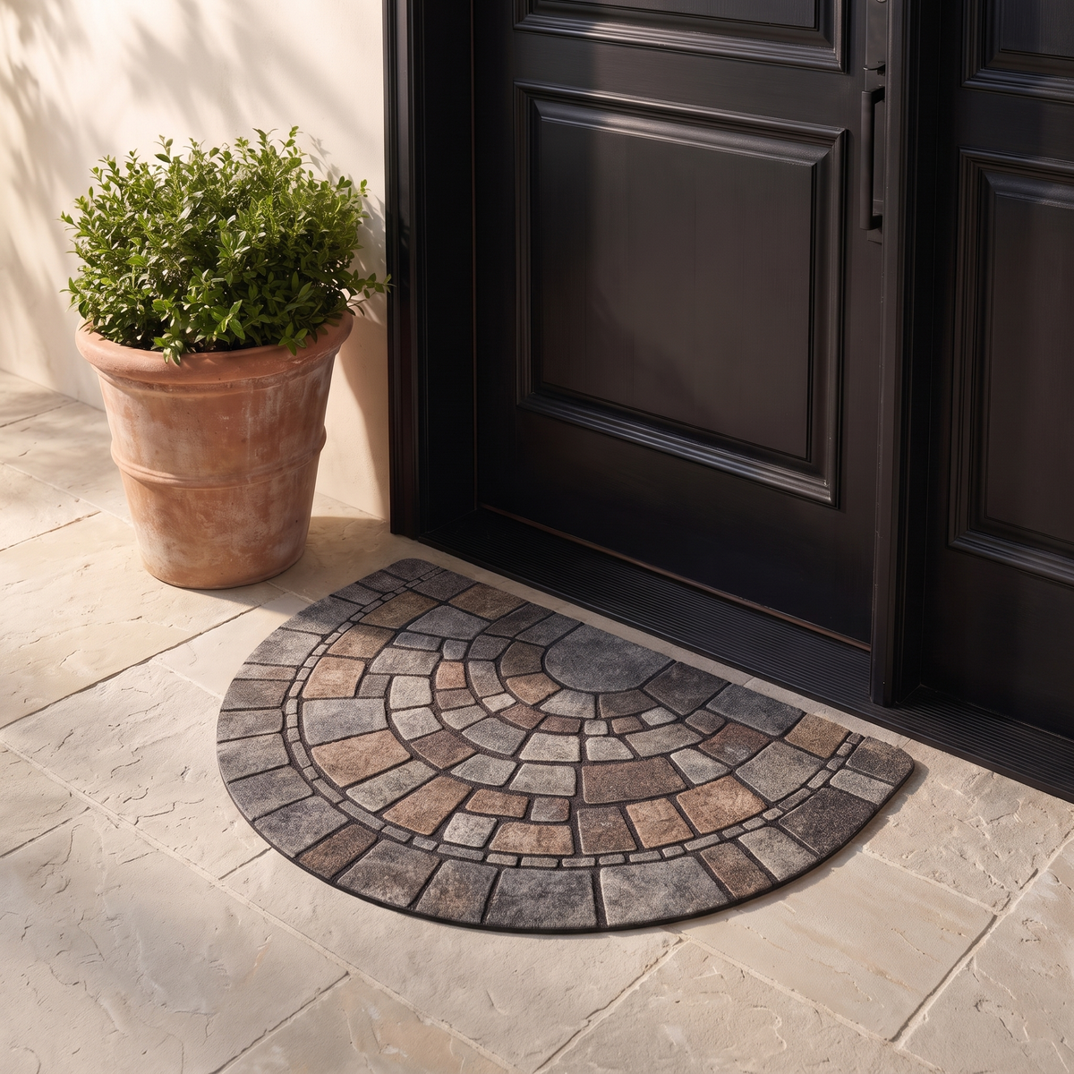 Half round door mat at a black front door on a stone porch