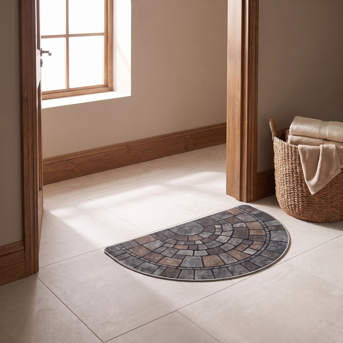 Half round door mat in a laundry room doorway