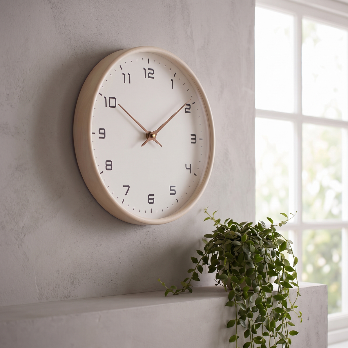 Close angled view of the Hamar wall clock cream wood frame and plain dial