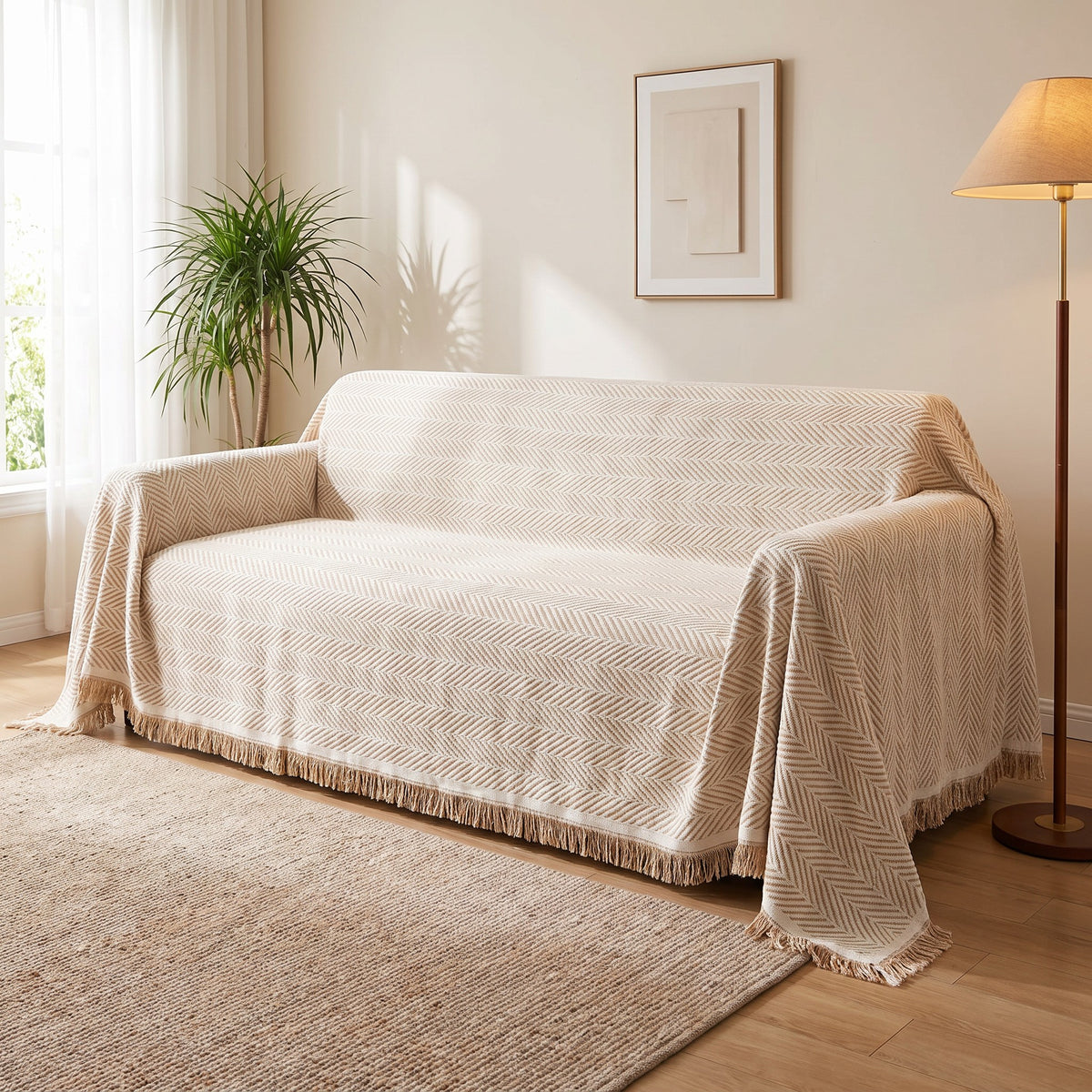 Sofa Cover in Beige on a sofa, covers the whole sofa