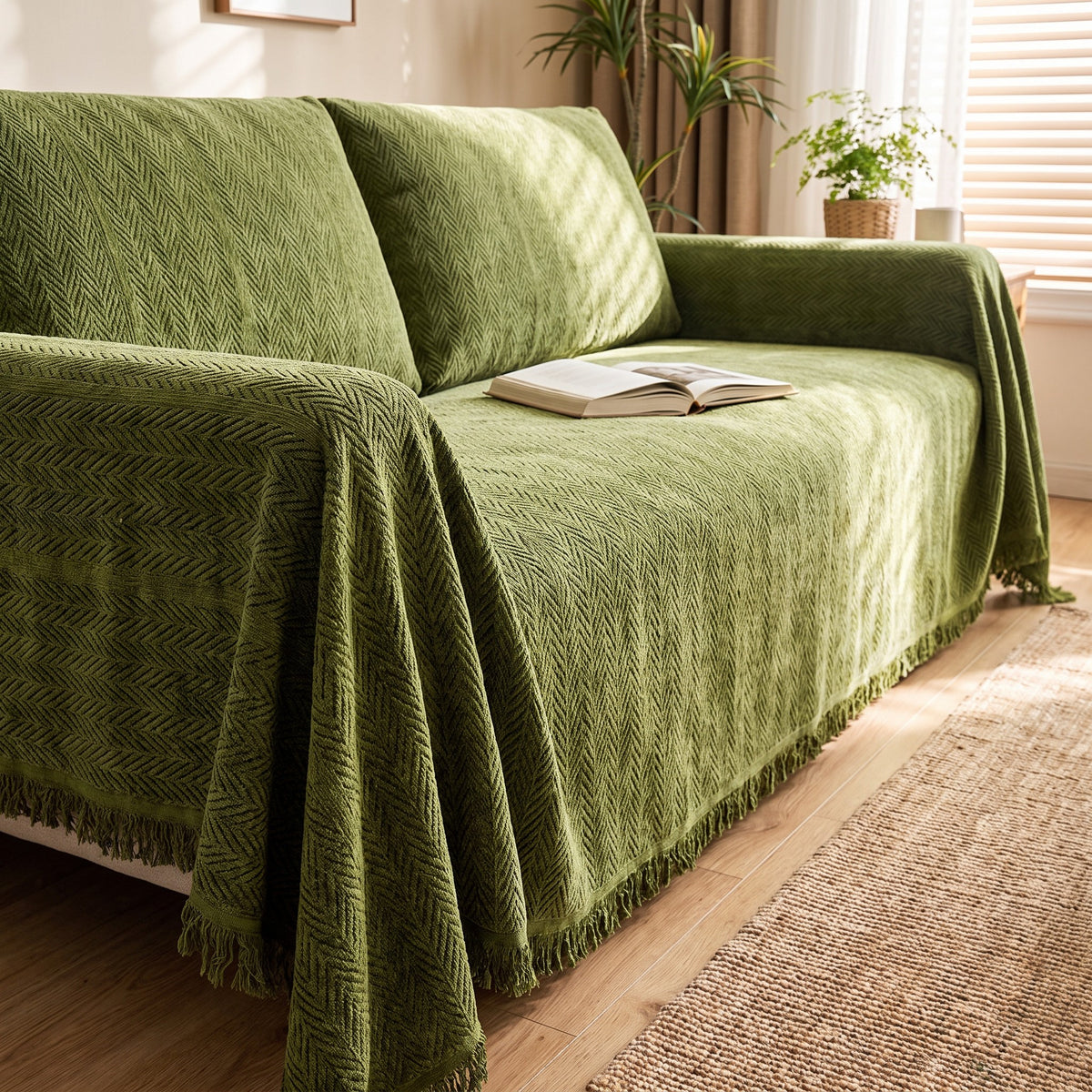 Sofa Cover in Green on a sofa, herringbone chenille weave