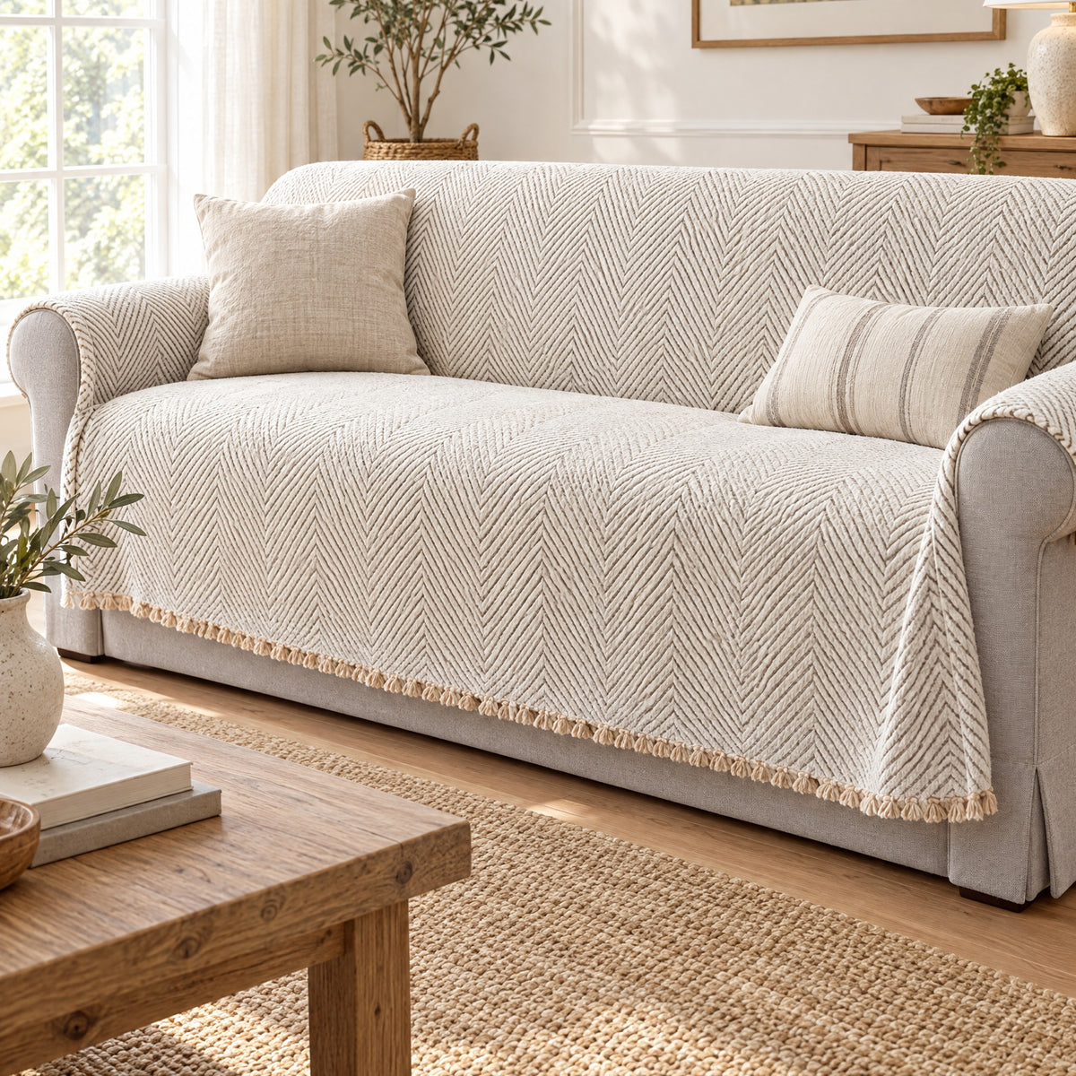 Ivory herringbone couch cover over a whole rolled arm sofa in a living room