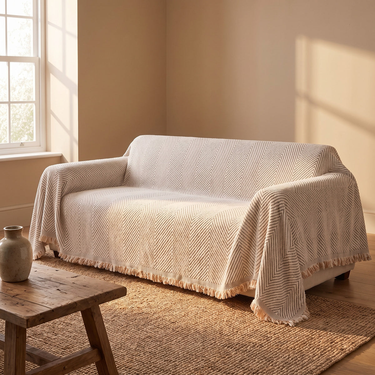 Couch Cover in Ivory on a sofa in a lived in room