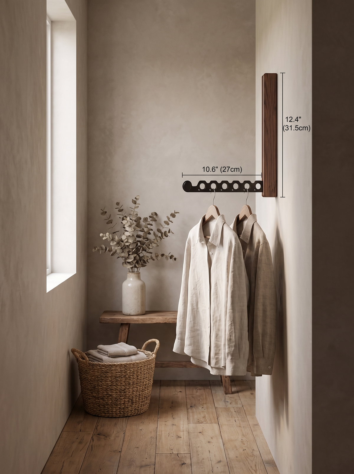 Timber hanger rail holding garments in a narrow corridor