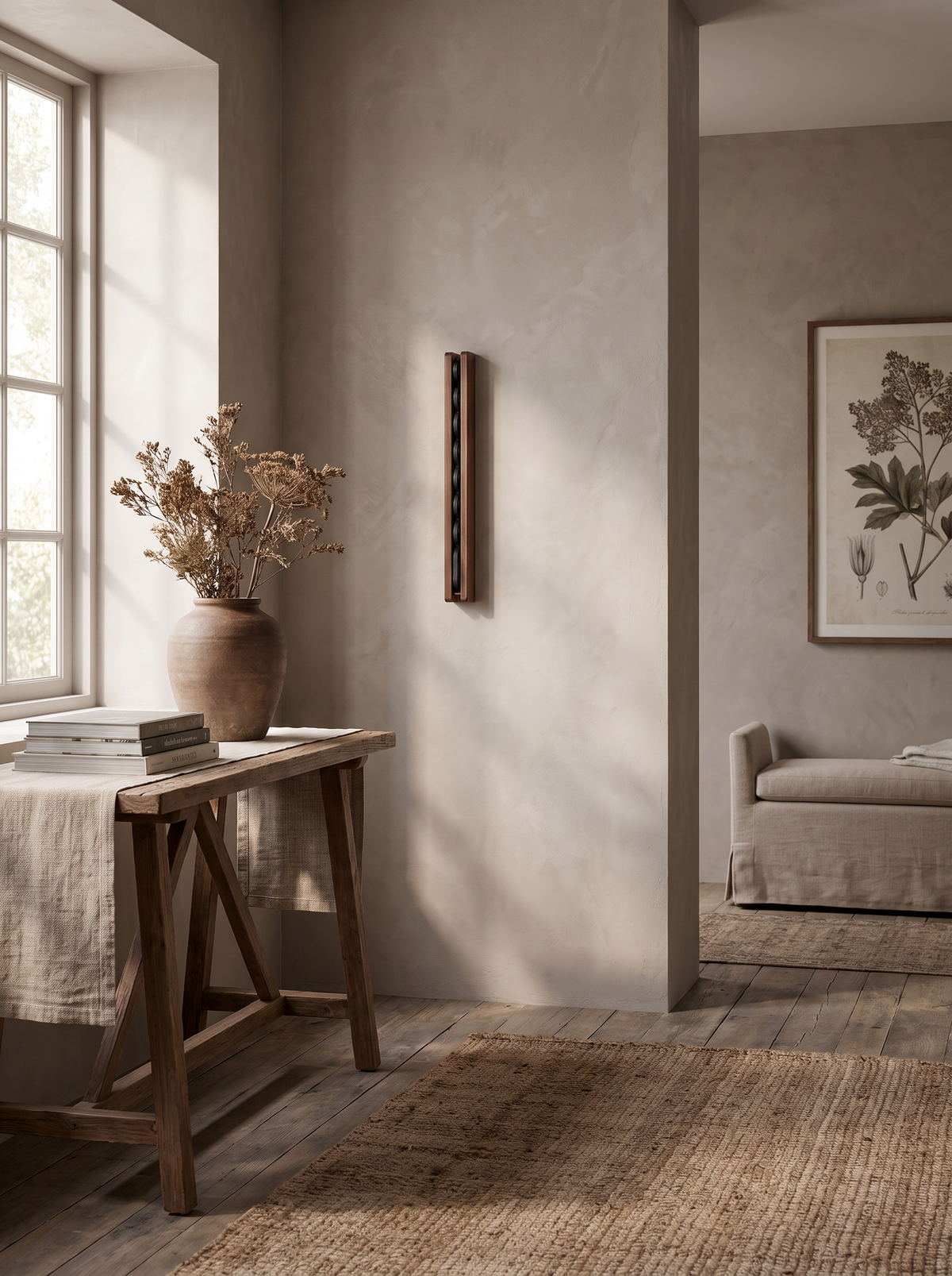 Timber collapsible hanger rail folded flat in a calm entryway