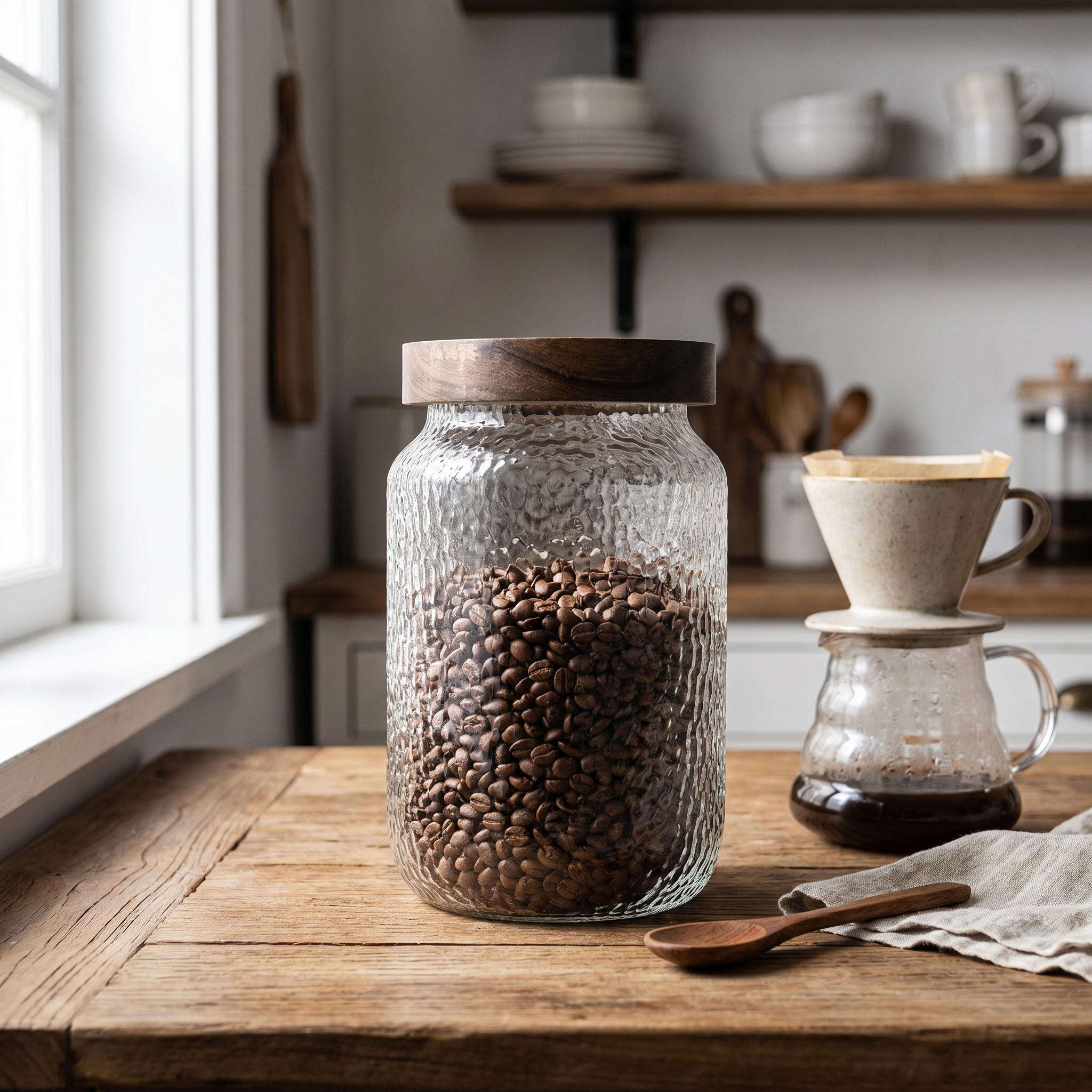 Hammered Glass Airtight Jar, Dark Timber Lid, Silicone Seal, Three Sizes