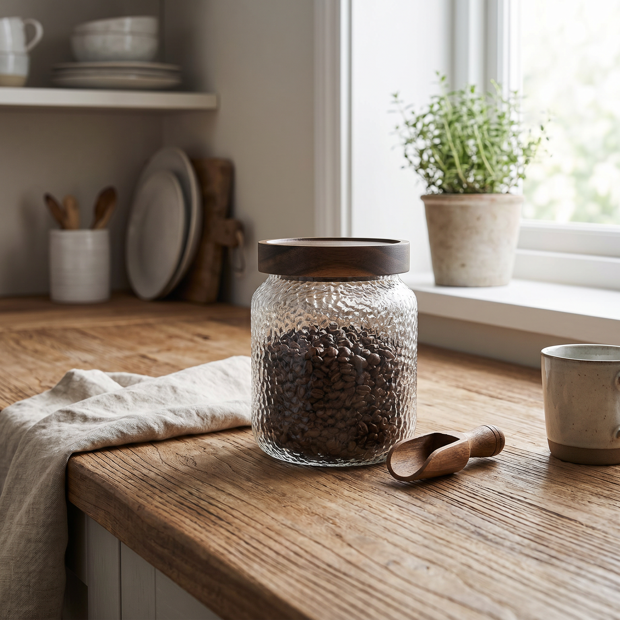 Hammered Glass Airtight Jar, Dark Timber Lid, Silicone Seal, Three Sizes