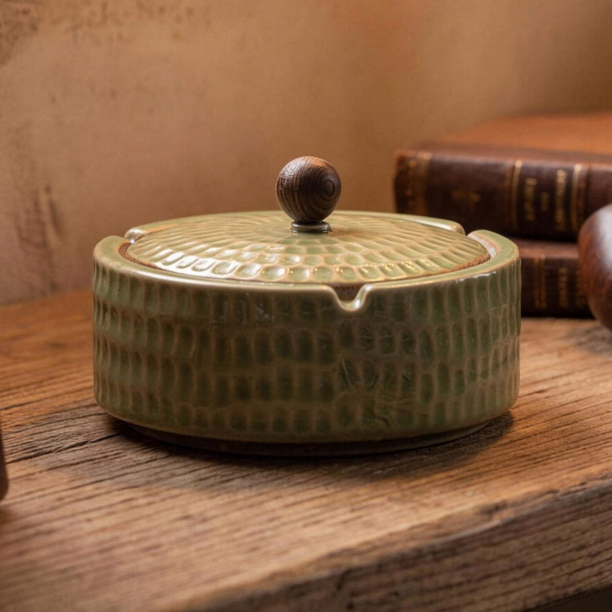 Hilde green ceramic ashtray with lid and wood knob on a wooden shelf