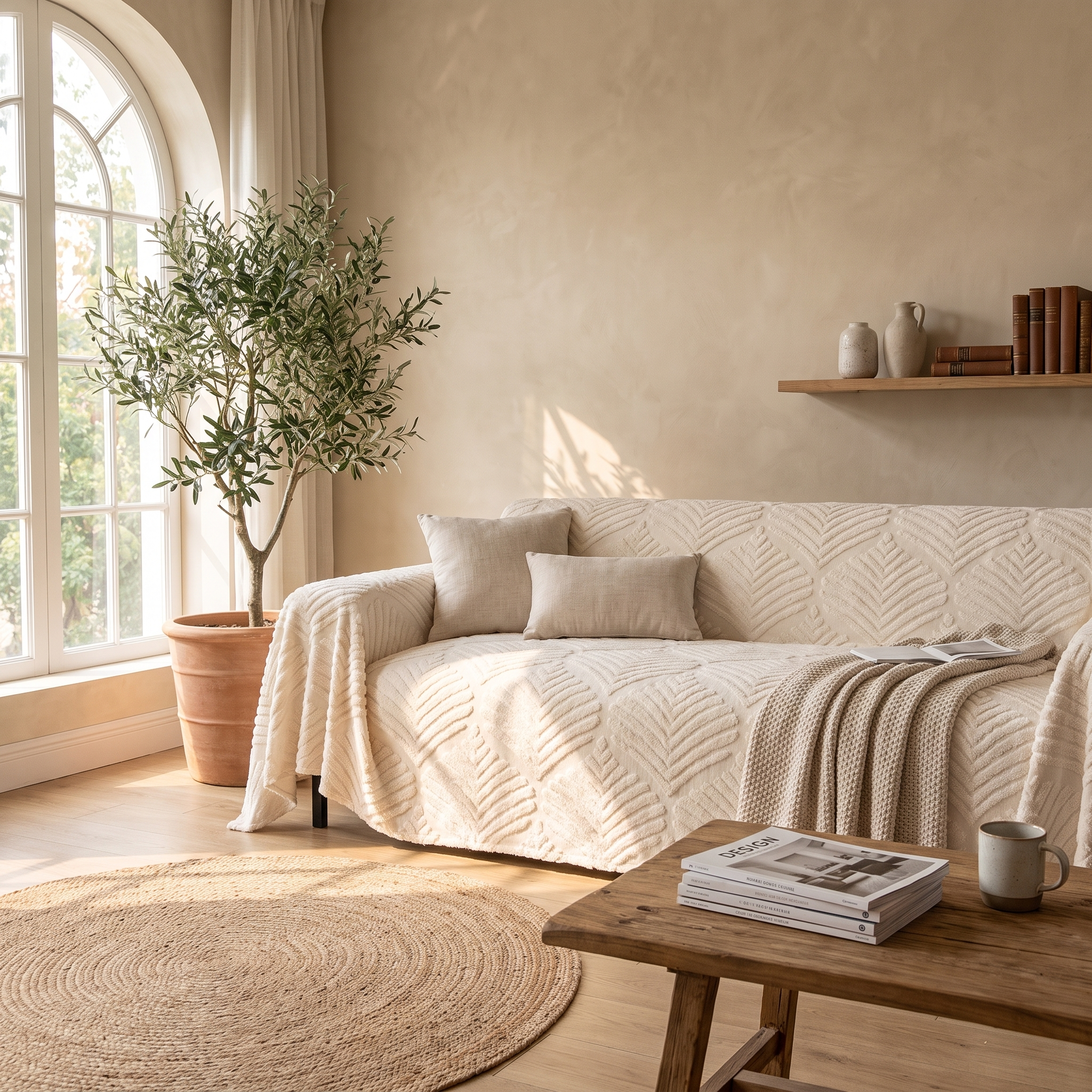 Herringbone Leaf Fleece Sofa Cover, Non-Slip