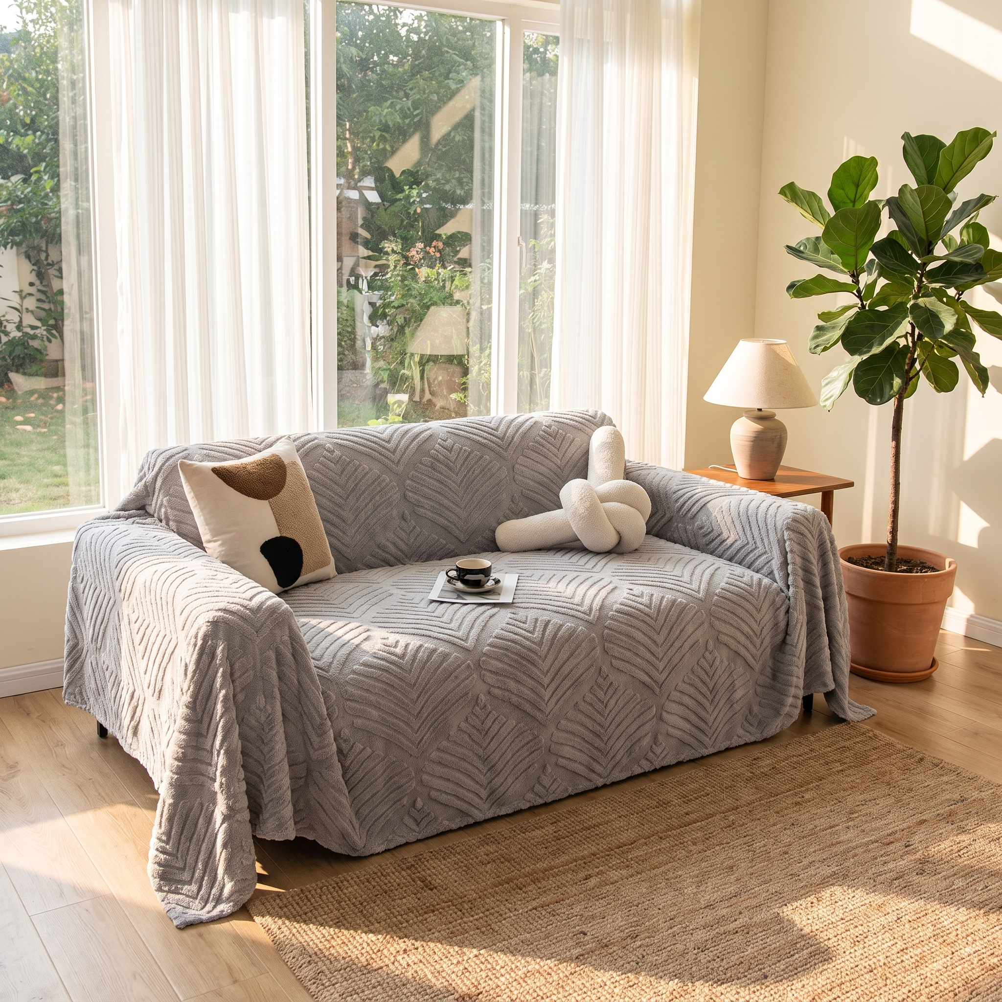 Herringbone Leaf Fleece Sofa Cover, Non-Slip