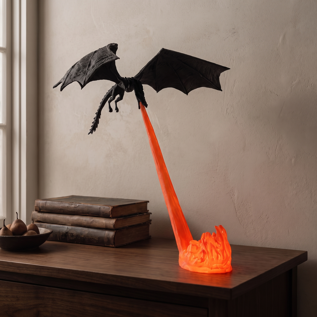 Holte dragon night light glowing on a walnut console