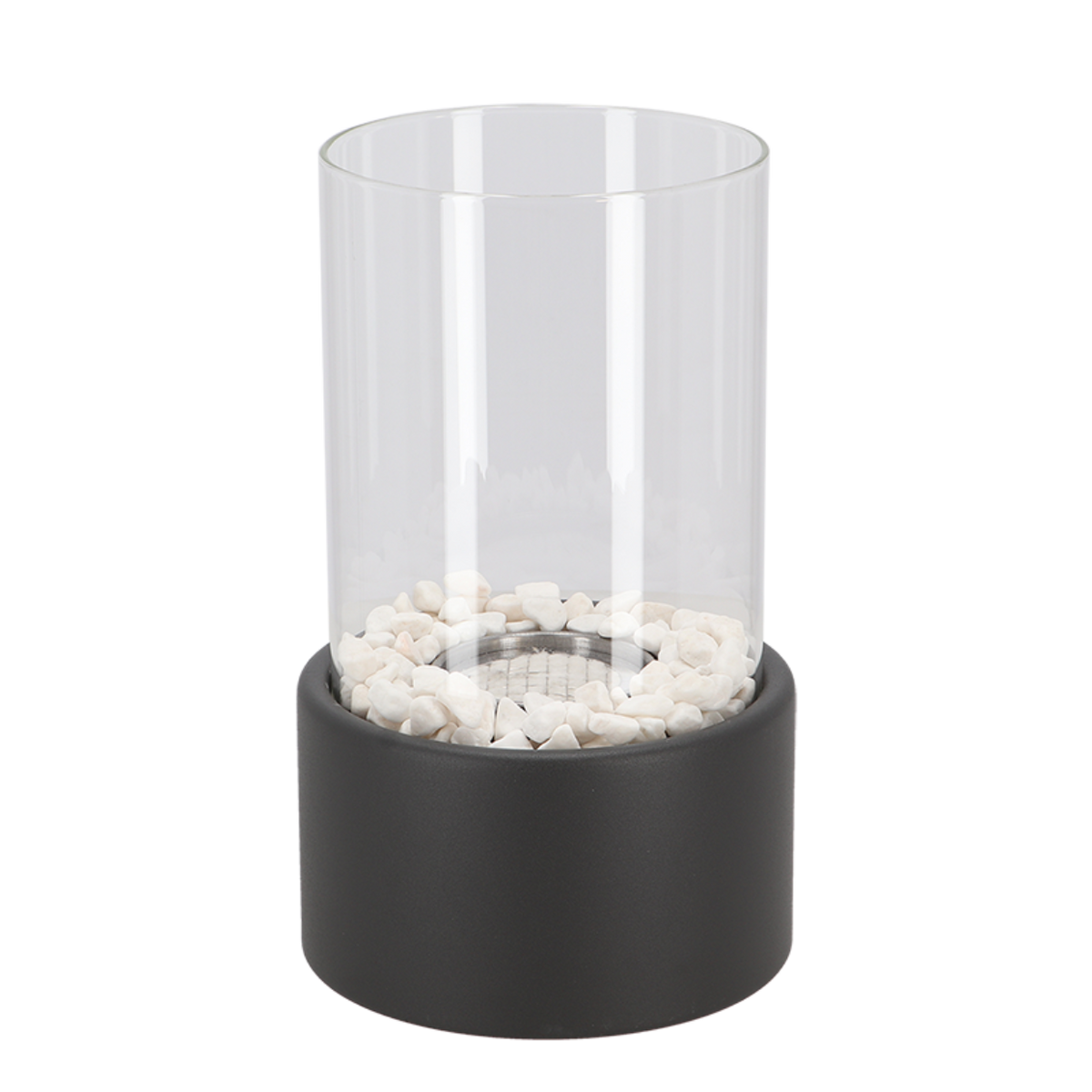 Horten fire lamp in black with glass cylinder and white stones
