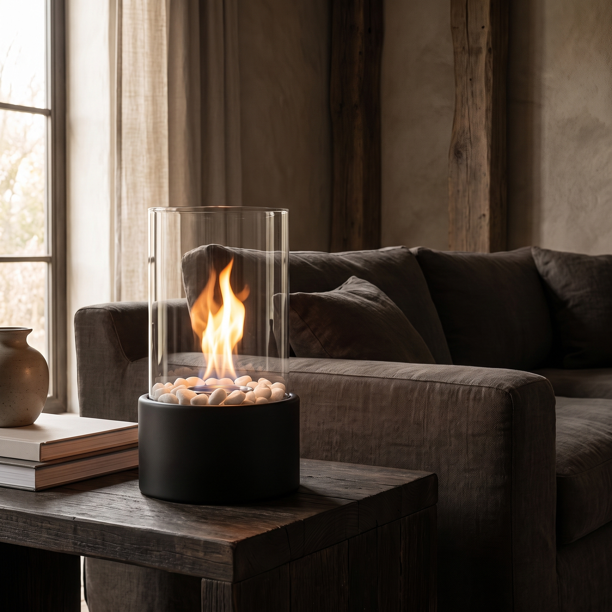 Horten fire lamp lit beside a sofa in a dim living room