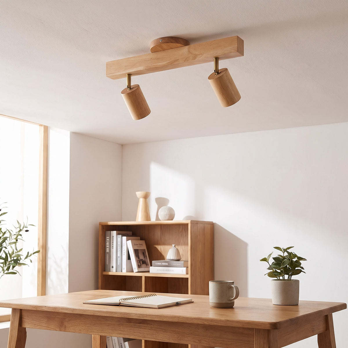 Iida wooden spotlight bar on a study ceiling above a desk