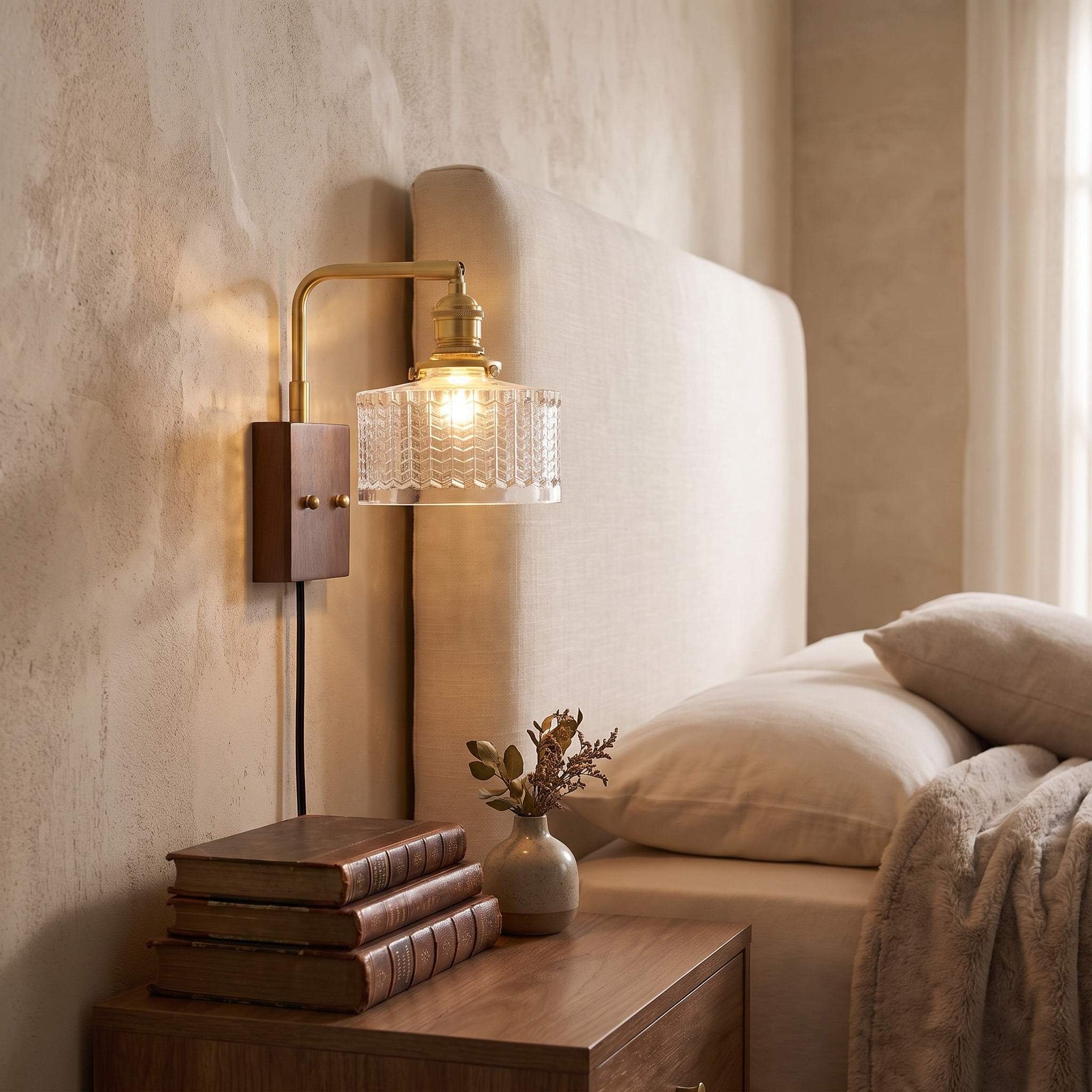 Juniper Plug-In Wall Lamp, Fish-Scale Glass, Brass